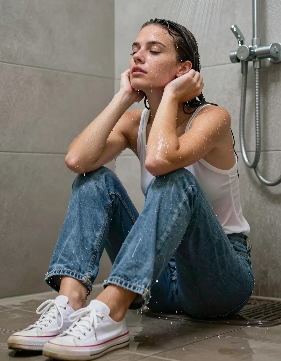photo of young woman, in soaking wet, drenched clothes,
sneakers, white socks, blue bell jeans, white tank top, shower, 
enjoying, wet clothes stuck to body,
detailed textures of the wet clothes, wet face, wet plastered hair,
wet, drenched, professional, high-quality details, full body view.
sharp focus, ultra-high pixel detail, realistic, high-quality, full colors, incredibly detailed, 4k, 8k, 16k, hyper-realistic, RAW photo, masterpiece, ultra-detailed, professionally color graded, professional photograph, sitting under shower, wet skin, wet clothes, damp fabric