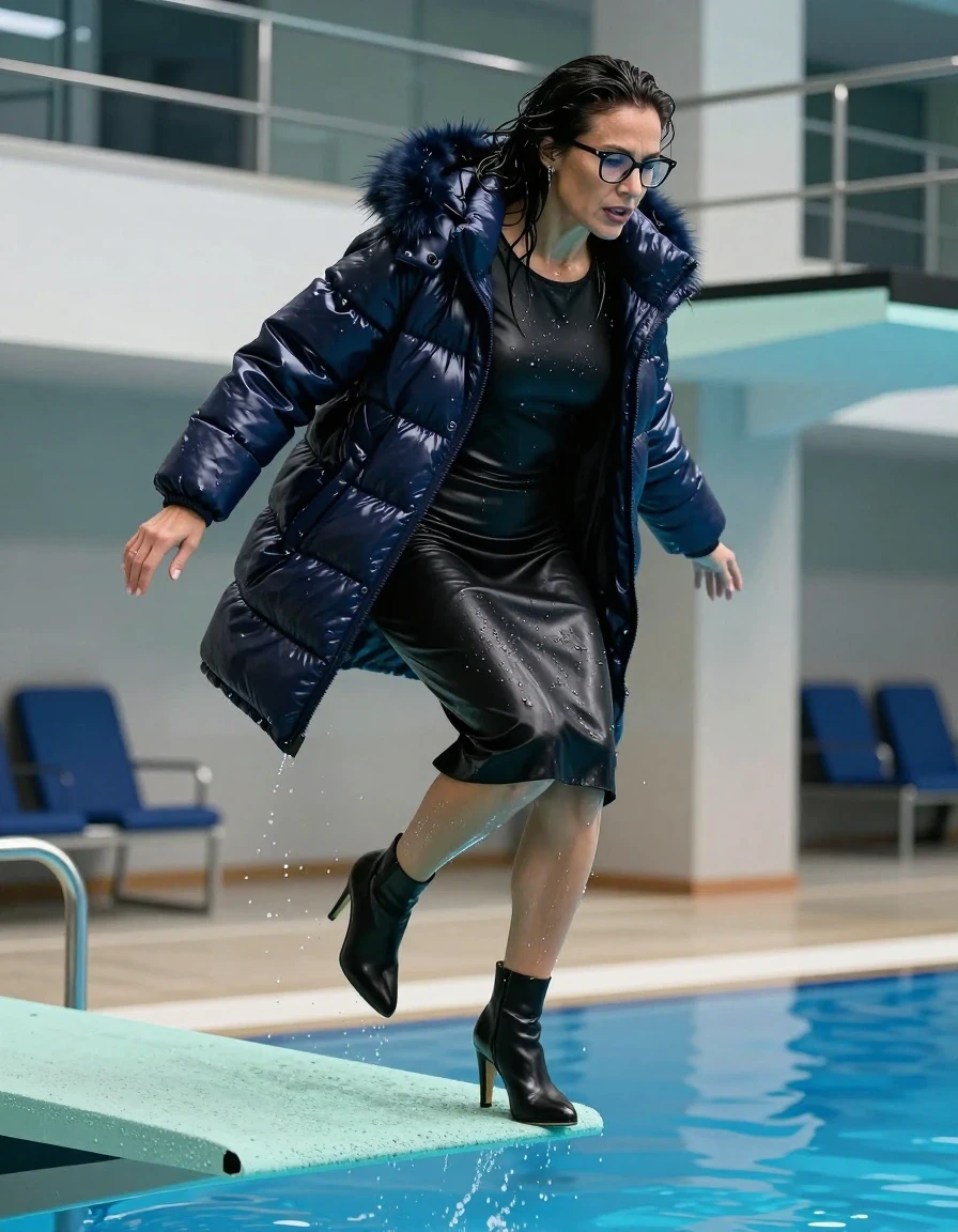 photo of young woman, in soaking wet, drenched clothes,
high-heeled boots, midi large black leather dress with long sleeves, midi large black leather dress with long sleeves, maxi dark blue shiny down jacket with fur, jumping from the diving board into the water of the indoor pool, 
enjoying, wet clothes stuck to body,
detailed textures of the wet clothes, wet face, wet plastered hair,
wet, drenched, professional, high-quality details, full body view.
sharp focus, ultra-high pixel detail, realistic, high-quality, full colors, incredibly detailed, 4k, 8k, 16k, hyper-realistic, RAW photo, masterpiece, ultra-detailed, professionally color graded, professional photograph, europen brunette skinny woman 50 years old, long dark black hair, office glasses, very big and thick lips, complete body, wet skin, wet clothes, damp fabric, wet skin, wet clothes, damp fabric, wet skin, wet clothes, damp fabric, wet skin, wet clothes, damp fabric, wet skin, wet clothes, damp fabric, wet skin, wet clothes, damp fabric, wet skin, wet clothes, damp fabric