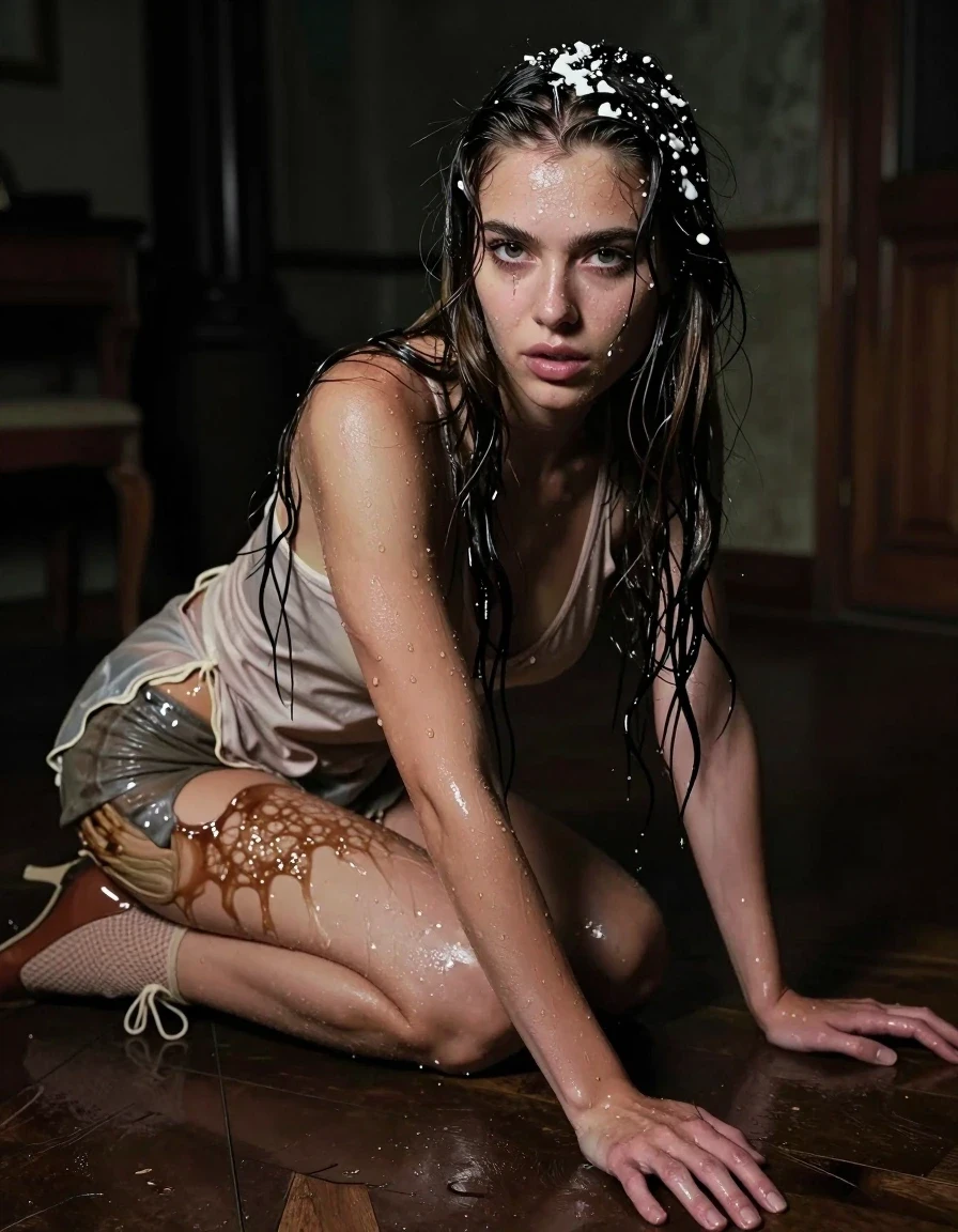 photo of young woman, in soaking wet, drenched clothes,
heels, Socks, Netted Slip, Inside dark ancient house , 
enjoying, wet clothes stuck to body,
detailed textures of the wet clothes, wet face, wet plastered hair,
wet, drenched, professional, high-quality details, full body view.
sharp focus, ultra-high pixel detail, realistic, high-quality, full colors, incredibly detailed, 4k, 8k, 16k, hyper-realistic, RAW photo, masterpiece, ultra-detailed, professionally color graded, professional photograph, Wavy medium straight hair, lying flat on floor , night, pitch dark, wet skin, wet clothes, damp fabric
