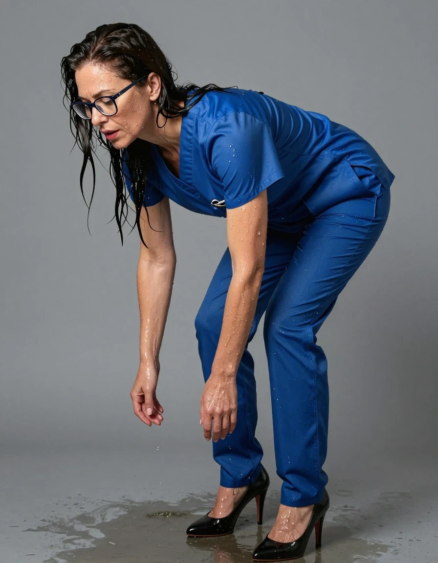 photo of young woman, in soaking wet, drenched clothes,
high-heeled shoes, tight blue shiny scrubs dress, tight blue shiny scrubs dress, after diving , 
enjoying, wet clothes stuck to body,
detailed textures of the wet clothes, wet face, wet plastered hair,
wet, drenched, professional, high-quality details, full body view.
sharp focus, ultra-high pixel detail, realistic, high-quality, full colors, incredibly detailed, 4k, 8k, 16k, hyper-realistic, RAW photo, masterpiece, ultra-detailed, professionally color graded, professional photograph, europen brunette skinny woman 50 years old, long dark black hair, office glasses, very big and thick lips, complete body, wet skin, wet clothes, damp fabric, wet skin, wet clothes, damp fabric, wet skin, wet clothes, damp fabric, wet skin, wet clothes, damp fabric, wet skin, wet clothes, damp fabric, wet skin, wet clothes, damp fabric, wet skin, wet clothes, damp fabric