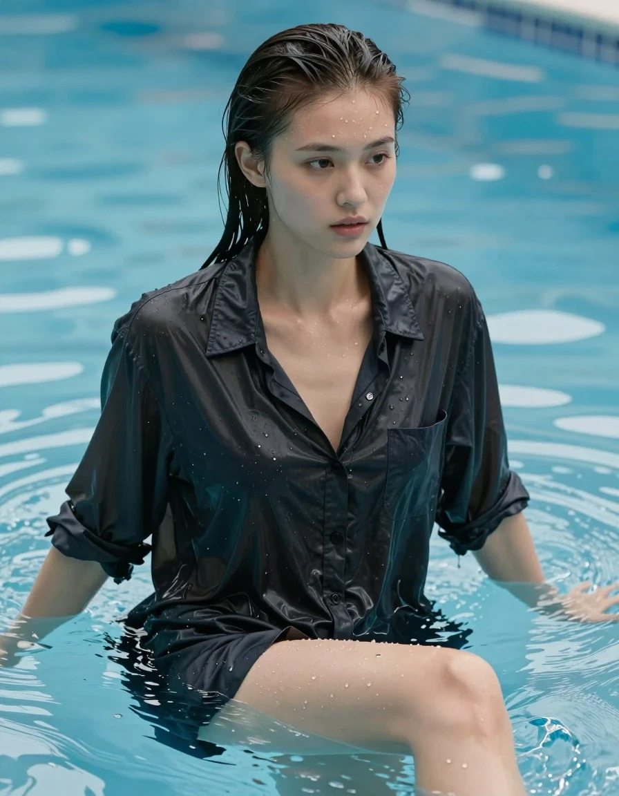 A photorealistic medium shot of a young adult European woman with smooth, flat wet hair slicked back against her scalp, avoiding any dry or wispy strands. She is wearing an oversized shirt that is thoroughly soaked, clinging to her skin with heavy, dark, water-saturated fabric folds and a distinct wet sheen. Her bare legs and bare feet are glistening with water droplets and a realistic wet skin texture. She is positioned inside a shimmering blue swimming pool with clear water. The lighting is bright and natural, creating strong specular highlights on her wet hair, skin, and the heavy, clinging fabric of the shirt. High-resolution photography, 8k, sharp focus on skin texture and fabric weave, cinematic depth of field, water refraction effects, realistic wet atmosphere.