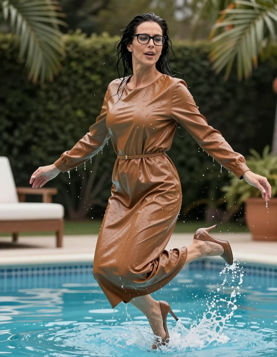 photo of young woman, in soaking wet, drenched clothes,
high-heeled shoes, maxi large light brown leather dress with long sleeves, maxi large light brown leather dress with long sleeves, jump in pool, 
enjoying, wet clothes stuck to body,
detailed textures of the wet clothes, wet face, wet plastered hair,
wet, drenched, professional, high-quality details, full body view.
sharp focus, ultra-high pixel detail, realistic, high-quality, full colors, incredibly detailed, 4k, 8k, 16k, hyper-realistic, RAW photo, masterpiece, ultra-detailed, professionally color graded, professional photograph, europen brunette skinny woman 50 years old, long dark black hair, office glasses, very big and thick lips, complete body, wet skin, wet clothes, damp fabric, wet skin, wet clothes, damp fabric, wet skin, wet clothes, damp fabric, wet skin, wet clothes, damp fabric, wet skin, wet clothes, damp fabric, wet skin, wet clothes, damp fabric, wet skin, wet clothes, damp fabric