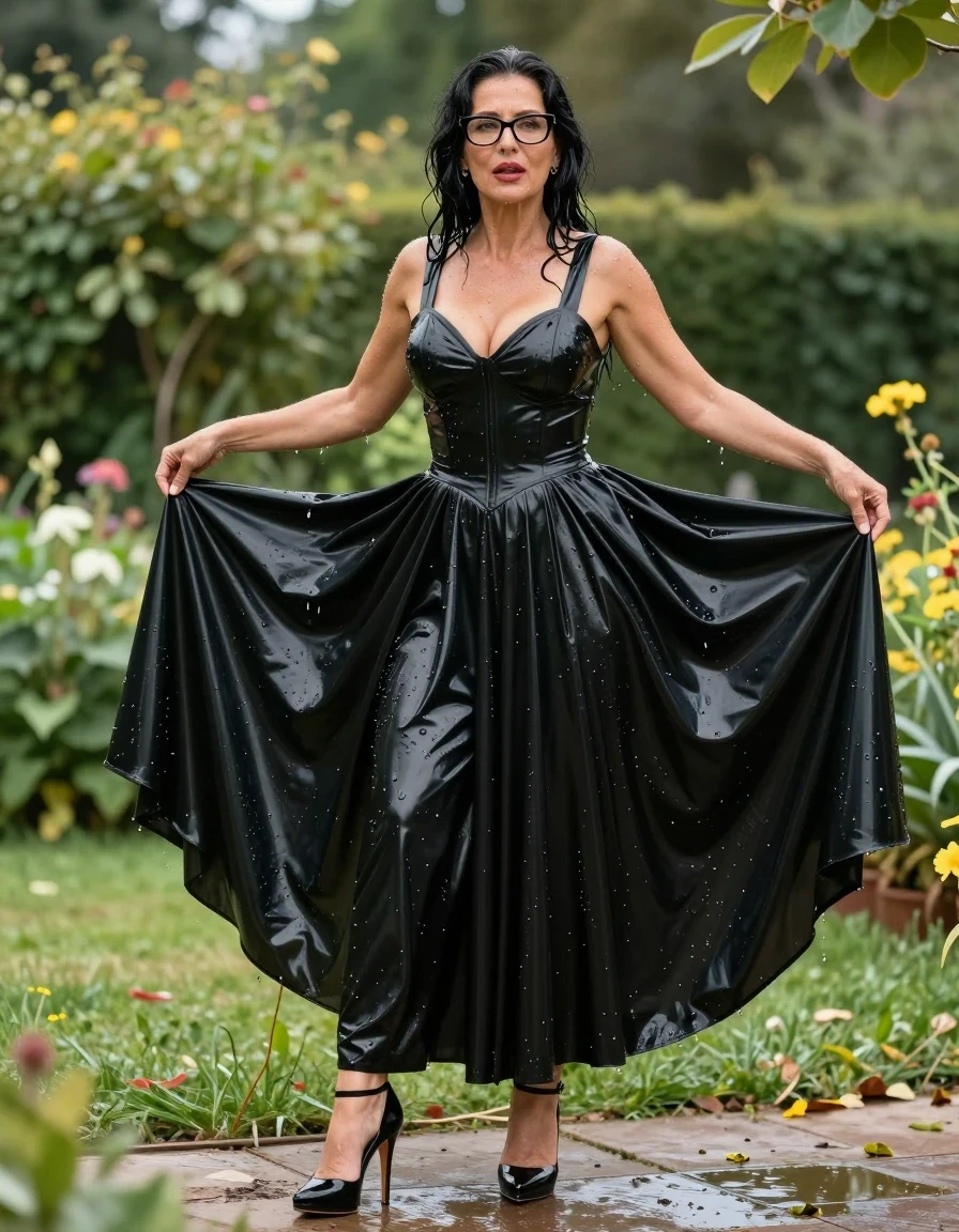 photo of young woman, in soaking wet, drenched clothes,
high-heeled shoes, maxi large black latex dress, maxi large black latex dress, in sunny garden, 
enjoying, wet clothes stuck to body,
detailed textures of the wet clothes, wet face, wet plastered hair,
wet, drenched, professional, high-quality details, full body view.
sharp focus, ultra-high pixel detail, realistic, high-quality, full colors, incredibly detailed, 4k, 8k, 16k, hyper-realistic, RAW photo, masterpiece, ultra-detailed, professionally color graded, professional photograph, europen brunette skinny woman 50 years old, long dark black hair, office glasses, very big and thick lips, complete body, wet skin, wet clothes, damp fabric, wet skin, wet clothes, damp fabric, wet skin, wet clothes, damp fabric, wet skin, wet clothes, damp fabric, wet skin, wet clothes, damp fabric, wet skin, wet clothes, damp fabric, wet skin, wet clothes, damp fabric