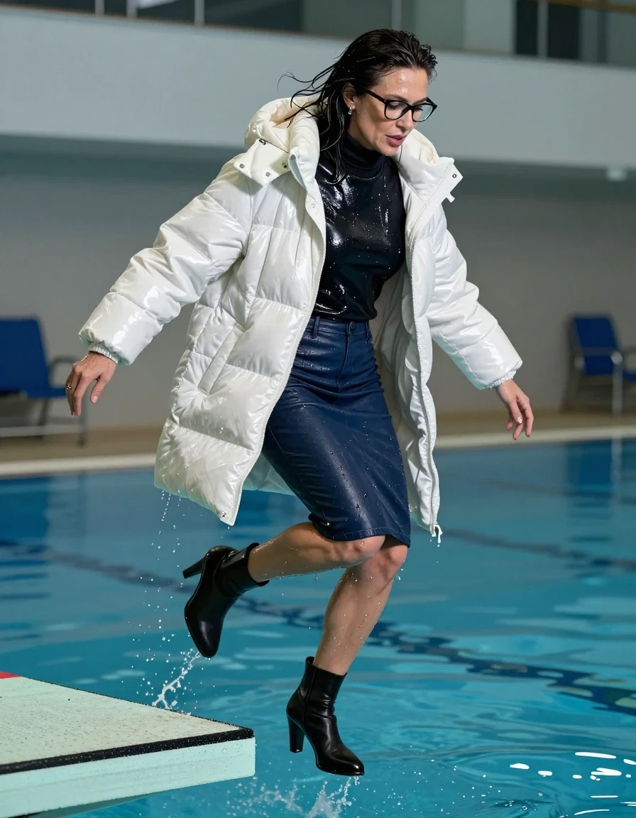 photo of young woman, in soaking wet, drenched clothes,
high-heeled black boots, pencil midi dark blue denim leather skirt, high-neck shiny black sweater, maxi white shiny winter down jacket, jumping from the diving board into the water of the indoor pool, 
enjoying, wet clothes stuck to body,
detailed textures of the wet clothes, wet face, wet plastered hair,
wet, drenched, professional, high-quality details, full body view.
sharp focus, ultra-high pixel detail, realistic, high-quality, full colors, incredibly detailed, 4k, 8k, 16k, hyper-realistic, RAW photo, masterpiece, ultra-detailed, professionally color graded, professional photograph, europen brunette skinny woman 50 years old, long dark black hair, office glasses, very big and thick lips, complete body, wet skin, wet clothes, damp fabric, wet skin, wet clothes, damp fabric, wet skin, wet clothes, damp fabric, wet skin, wet clothes, damp fabric, wet skin, wet clothes, damp fabric, wet skin, wet clothes, damp fabric, wet skin, wet clothes, damp fabric
