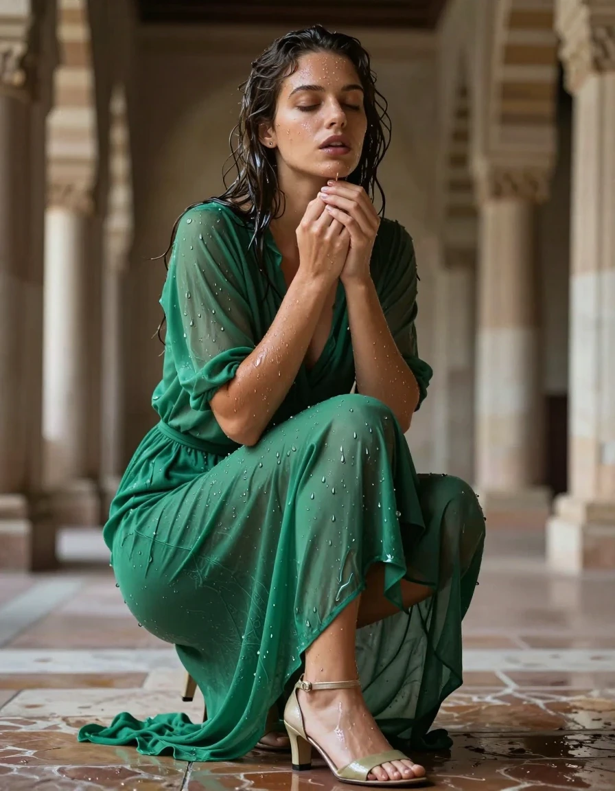 photo of young woman, in soaking wet, drenched clothes,
heels, Socks, stunning floor-length emerald , Inside ancient palace , 
enjoying, wet clothes stuck to body,
detailed textures of the wet clothes, wet face, wet plastered hair,
wet, drenched, professional, high-quality details, full body view.
sharp focus, ultra-high pixel detail, realistic, high-quality, full colors, incredibly detailed, 4k, 8k, 16k, hyper-realistic, RAW photo, masterpiece, ultra-detailed, professionally color graded, professional photograph, wet skin, wet clothes, damp fabric