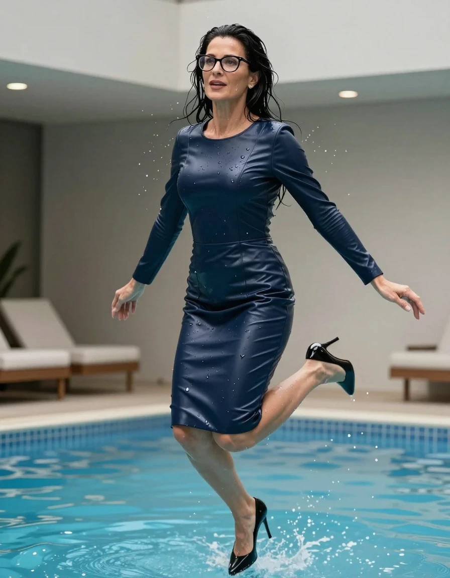 photo of young woman, in soaking wet, drenched clothes,
high-heeled shoes, midi large dark blue leather dress with long sleeves, midi large dark blue leather dress with long sleeves, jump in indoor pool, 
enjoying, wet clothes stuck to body,
detailed textures of the wet clothes, wet face, wet plastered hair,
wet, drenched, professional, high-quality details, full body view.
sharp focus, ultra-high pixel detail, realistic, high-quality, full colors, incredibly detailed, 4k, 8k, 16k, hyper-realistic, RAW photo, masterpiece, ultra-detailed, professionally color graded, professional photograph, europen brunette skinny woman 50 years old, long dark black hair, office glasses, very big and thick lips, complete body, wet skin, wet clothes, damp fabric, wet skin, wet clothes, damp fabric, wet skin, wet clothes, damp fabric, wet skin, wet clothes, damp fabric, wet skin, wet clothes, damp fabric, wet skin, wet clothes, damp fabric, wet skin, wet clothes, damp fabric