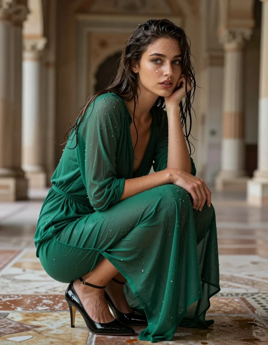 photo of young woman, in soaking wet, drenched clothes,
heels, Socks, stunning floor-length emerald , Inside ancient palace , 
enjoying, wet clothes stuck to body,
detailed textures of the wet clothes, wet face, wet plastered hair,
wet, drenched, professional, high-quality details, full body view.
sharp focus, ultra-high pixel detail, realistic, high-quality, full colors, incredibly detailed, 4k, 8k, 16k, hyper-realistic, RAW photo, masterpiece, ultra-detailed, professionally color graded, professional photograph, Wavy medium straight hair, wet skin, wet clothes, damp fabric