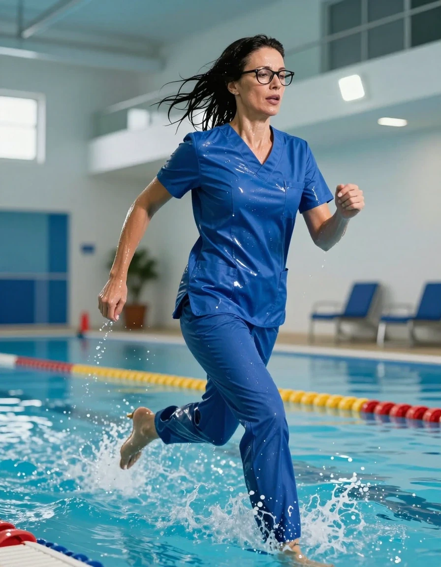 photo of young woman, in soaking wet, drenched clothes,
high-heeled shoes, tight blue shiny scrubs, tight blue shiny scrubs, running after diving in the indoor pool, 
enjoying, wet clothes stuck to body,
detailed textures of the wet clothes, wet face, wet plastered hair,
wet, drenched, professional, high-quality details, full body view.
sharp focus, ultra-high pixel detail, realistic, high-quality, full colors, incredibly detailed, 4k, 8k, 16k, hyper-realistic, RAW photo, masterpiece, ultra-detailed, professionally color graded, professional photograph, europen brunette skinny woman 50 years old, long dark black hair, office glasses, very big and thick lips, complete body, wet skin, wet clothes, damp fabric, wet skin, wet clothes, damp fabric, wet skin, wet clothes, damp fabric, wet skin, wet clothes, damp fabric, wet skin, wet clothes, damp fabric, wet skin, wet clothes, damp fabric, wet skin, wet clothes, damp fabric