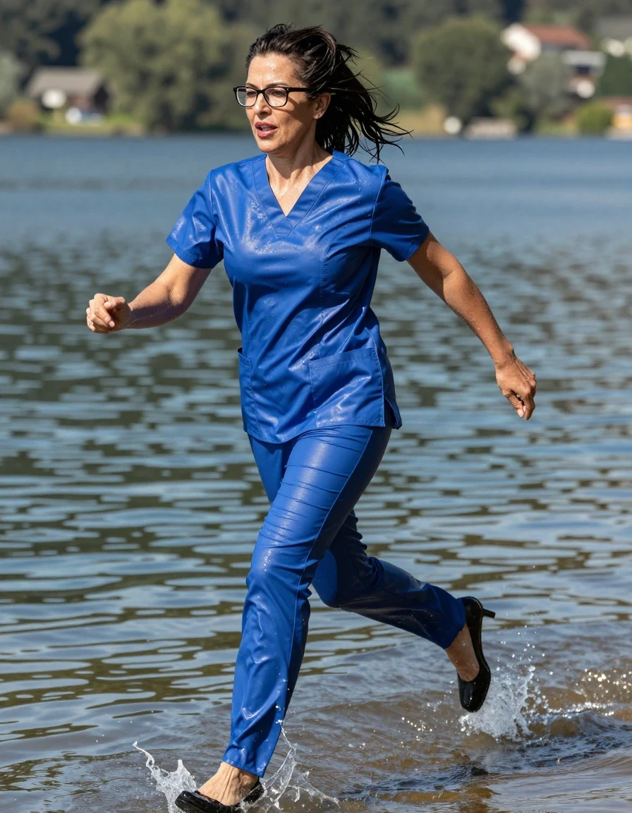 photo of young woman, in soaking wet, drenched clothes,
high-heeled shoes, tight blue shiny scrubs, tight blue shiny scrubs, running after diving in the sunny lake, 
enjoying, wet clothes stuck to body,
detailed textures of the wet clothes, wet face, wet plastered hair,
wet, drenched, professional, high-quality details, full body view.
sharp focus, ultra-high pixel detail, realistic, high-quality, full colors, incredibly detailed, 4k, 8k, 16k, hyper-realistic, RAW photo, masterpiece, ultra-detailed, professionally color graded, professional photograph, europen brunette skinny woman 50 years old, long dark black hair, office glasses, very big and thick lips, complete body, wet skin, wet clothes, damp fabric, wet skin, wet clothes, damp fabric, wet skin, wet clothes, damp fabric, wet skin, wet clothes, damp fabric, wet skin, wet clothes, damp fabric, wet skin, wet clothes, damp fabric, wet skin, wet clothes, damp fabric