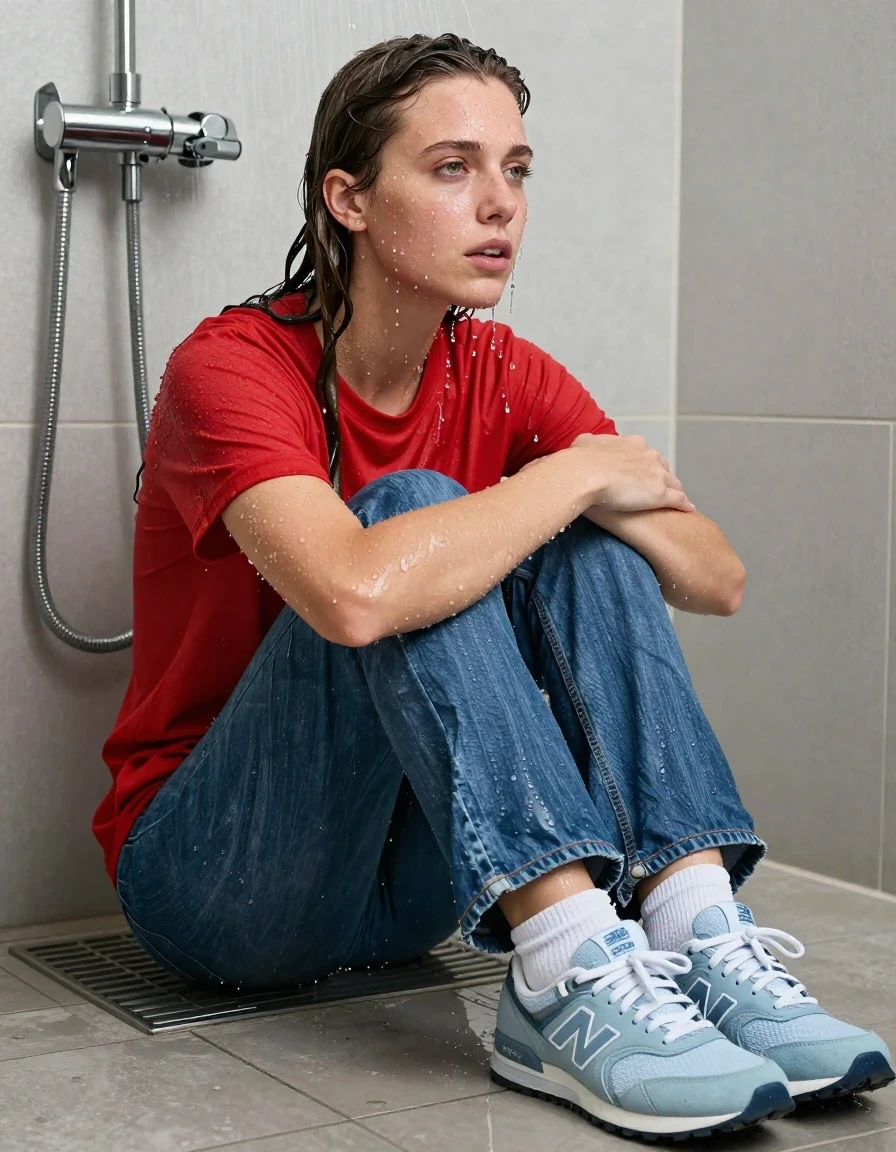 photo of young woman, in soaking wet, drenched clothes,
light blue new balance sneakers, white socks, blue bell jeans, red t shirt, shower, 
enjoying, wet clothes stuck to body,
detailed textures of the wet clothes, wet face, wet plastered hair,
wet, drenched, professional, high-quality details, full body view.
sharp focus, ultra-high pixel detail, realistic, high-quality, full colors, incredibly detailed, 4k, 8k, 16k, hyper-realistic, RAW photo, masterpiece, ultra-detailed, professionally color graded, professional photograph, sitting under shower, wet skin, wet clothes, damp fabric