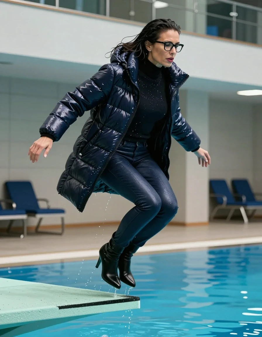 photo of young woman, in soaking wet, drenched clothes,
high-heeled black boots, long dark blue leather jeans, high-neck shiny black sweater, maxi dark blue shiny winter down jacket, jumping from the diving board into the water of the indoor pool, 
enjoying, wet clothes stuck to body,
detailed textures of the wet clothes, wet face, wet plastered hair,
wet, drenched, professional, high-quality details, full body view.
sharp focus, ultra-high pixel detail, realistic, high-quality, full colors, incredibly detailed, 4k, 8k, 16k, hyper-realistic, RAW photo, masterpiece, ultra-detailed, professionally color graded, professional photograph, europen brunette skinny woman 50 years old, long dark black hair, office glasses, very big and thick lips, complete body, wet skin, wet clothes, damp fabric, wet skin, wet clothes, damp fabric, wet skin, wet clothes, damp fabric, wet skin, wet clothes, damp fabric, wet skin, wet clothes, damp fabric, wet skin, wet clothes, damp fabric, wet skin, wet clothes, damp fabric