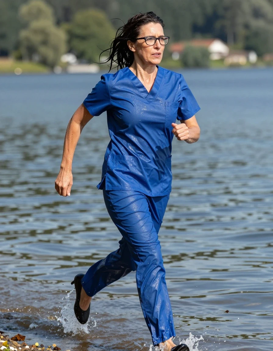 photo of young woman, in soaking wet, drenched clothes,
high-heeled shoes, tight blue shiny scrubs, tight blue shiny scrubs, running after diving in the sunny lake, 
enjoying, wet clothes stuck to body,
detailed textures of the wet clothes, wet face, wet plastered hair,
wet, drenched, professional, high-quality details, full body view.
sharp focus, ultra-high pixel detail, realistic, high-quality, full colors, incredibly detailed, 4k, 8k, 16k, hyper-realistic, RAW photo, masterpiece, ultra-detailed, professionally color graded, professional photograph, europen brunette skinny woman 50 years old, long dark black hair, office glasses, very big and thick lips, complete body, wet skin, wet clothes, damp fabric, wet skin, wet clothes, damp fabric, wet skin, wet clothes, damp fabric, wet skin, wet clothes, damp fabric, wet skin, wet clothes, damp fabric, wet skin, wet clothes, damp fabric, wet skin, wet clothes, damp fabric