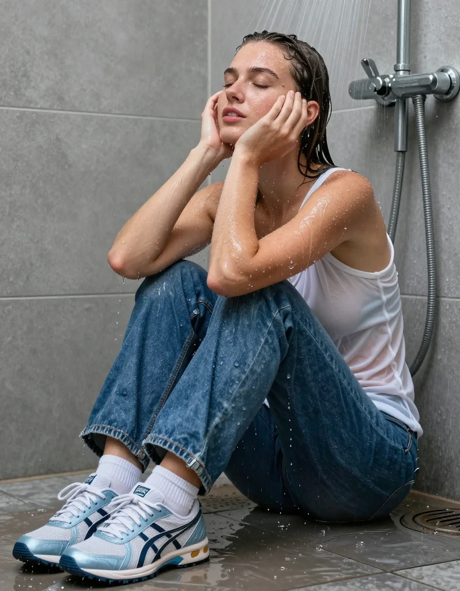 photo of young woman, in soaking wet, drenched clothes,
light blue asics sneakers, white socks, blue bell jeans, white tank top, shower, 
enjoying, wet clothes stuck to body,
detailed textures of the wet clothes, wet face, wet plastered hair,
wet, drenched, professional, high-quality details, full body view.
sharp focus, ultra-high pixel detail, realistic, high-quality, full colors, incredibly detailed, 4k, 8k, 16k, hyper-realistic, RAW photo, masterpiece, ultra-detailed, professionally color graded, professional photograph, sitting under shower, wet skin, wet clothes, damp fabric