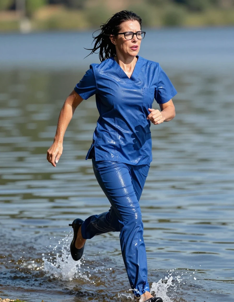 photo of young woman, in soaking wet, drenched clothes,
high-heeled shoes, tight blue shiny scrubs, tight blue shiny scrubs, running after diving in the sunny lake, 
enjoying, wet clothes stuck to body,
detailed textures of the wet clothes, wet face, wet plastered hair,
wet, drenched, professional, high-quality details, full body view.
sharp focus, ultra-high pixel detail, realistic, high-quality, full colors, incredibly detailed, 4k, 8k, 16k, hyper-realistic, RAW photo, masterpiece, ultra-detailed, professionally color graded, professional photograph, europen brunette skinny woman 50 years old, long dark black hair, office glasses, very big and thick lips, complete body, wet skin, wet clothes, damp fabric, wet skin, wet clothes, damp fabric, wet skin, wet clothes, damp fabric, wet skin, wet clothes, damp fabric, wet skin, wet clothes, damp fabric, wet skin, wet clothes, damp fabric, wet skin, wet clothes, damp fabric