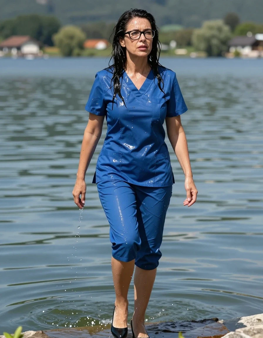 photo of young woman, in soaking wet, drenched clothes,
high-heeled shoes, tight blue shiny scrubs dress, tight blue shiny scrubs dress, after diving in the sunny lake, 
enjoying, wet clothes stuck to body,
detailed textures of the wet clothes, wet face, wet plastered hair,
wet, drenched, professional, high-quality details, full body view.
sharp focus, ultra-high pixel detail, realistic, high-quality, full colors, incredibly detailed, 4k, 8k, 16k, hyper-realistic, RAW photo, masterpiece, ultra-detailed, professionally color graded, professional photograph, europen brunette skinny woman 50 years old, long dark black hair, office glasses, very big and thick lips, complete body, wet skin, wet clothes, damp fabric, wet skin, wet clothes, damp fabric, wet skin, wet clothes, damp fabric, wet skin, wet clothes, damp fabric, wet skin, wet clothes, damp fabric, wet skin, wet clothes, damp fabric, wet skin, wet clothes, damp fabric