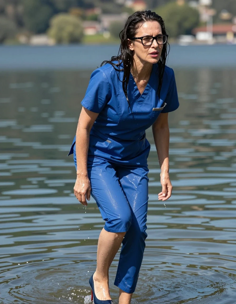 photo of young woman, in soaking wet, drenched clothes,
high-heeled shoes, tight blue shiny scrubs with skirt, tight blue shiny scrubs with skirt, after diving in the sunny lake, 
enjoying, wet clothes stuck to body,
detailed textures of the wet clothes, wet face, wet plastered hair,
wet, drenched, professional, high-quality details, full body view.
sharp focus, ultra-high pixel detail, realistic, high-quality, full colors, incredibly detailed, 4k, 8k, 16k, hyper-realistic, RAW photo, masterpiece, ultra-detailed, professionally color graded, professional photograph, europen brunette skinny woman 50 years old, long dark black hair, office glasses, very big and thick lips, complete body, wet skin, wet clothes, damp fabric, wet skin, wet clothes, damp fabric, wet skin, wet clothes, damp fabric, wet skin, wet clothes, damp fabric, wet skin, wet clothes, damp fabric, wet skin, wet clothes, damp fabric, wet skin, wet clothes, damp fabric