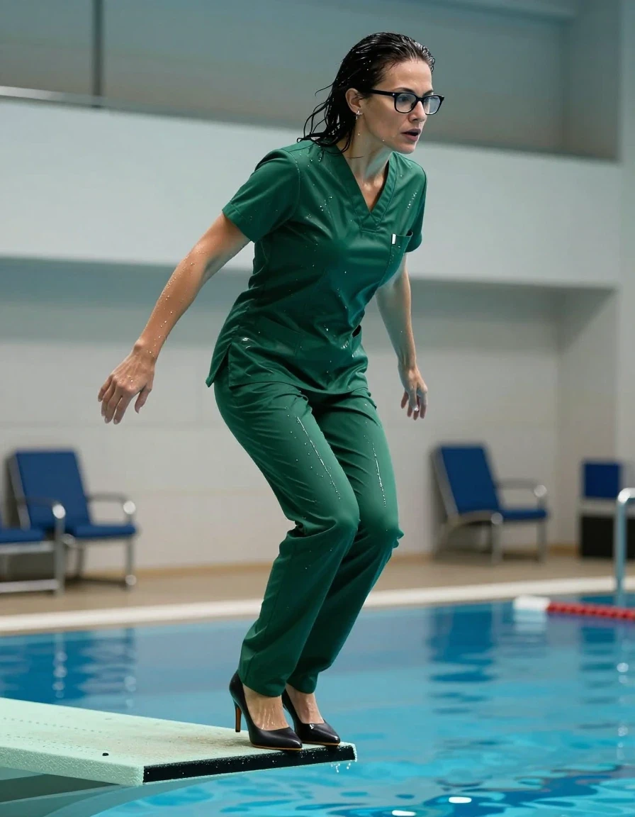 photo of young woman, in soaking wet, drenched clothes,
high-heeled shoes, tight dark green shiny scrubs, tight dark green shiny scrubs, jumping from the diving board into the water of the indoor pool, 
enjoying, wet clothes stuck to body,
detailed textures of the wet clothes, wet face, wet plastered hair,
wet, drenched, professional, high-quality details, full body view.
sharp focus, ultra-high pixel detail, realistic, high-quality, full colors, incredibly detailed, 4k, 8k, 16k, hyper-realistic, RAW photo, masterpiece, ultra-detailed, professionally color graded, professional photograph, europen brunette skinny woman 50 years old, long dark black hair, office glasses, very big and thick lips, complete body, wet skin, wet clothes, damp fabric, wet skin, wet clothes, damp fabric, wet skin, wet clothes, damp fabric, wet skin, wet clothes, damp fabric, wet skin, wet clothes, damp fabric, wet skin, wet clothes, damp fabric, wet skin, wet clothes, damp fabric