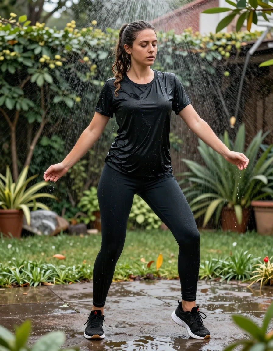photo of young woman, in soaking wet, drenched clothes,
sneakers, black socks, leggins, t shirt, garden, 
enjoying, wet clothes stuck to body,
detailed textures of the wet clothes, wet face, wet plastered hair,
wet, drenched, professional, high-quality details, full body view.
sharp focus, ultra-high pixel detail, realistic, high-quality, full colors, incredibly detailed, 4k, 8k, 16k, hyper-realistic, RAW photo, masterpiece, ultra-detailed, professionally color graded, professional photograph, dancing zumba under garden sprinkler, wet skin, wet clothes, damp fabric