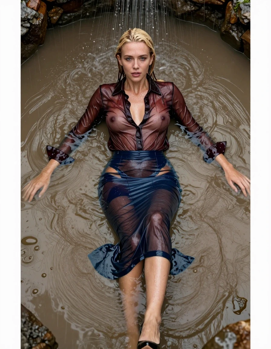 photo of young woman, in soaking wet, drenched clothes,
pumps, high-heels, transparent dark blue slim shiny floor-length skirt, no underwear, transparent dark red slim shiny long blouse, see-through, kein BH, mudbath, swamp, waves, heavy rain, 
enjoying, wet clothes stuck to body,
detailed textures of the wet clothes, wet face, wet plastered hair,
wet, drenched, professional, high-quality details, full body view.
sharp focus, ultra-high pixel detail, realistic, high-quality, full colors, incredibly detailed, 4k, 8k, 16k, hyper-realistic, RAW photo, masterpiece, ultra-detailed, professionally color graded, professional photograph, lie in deep muddy swimmingpool, blond hair, shower, collar, long sleeves, buttoned, wet hair, long hair, soaking wet blouse,  full body view,  view from above, drenched clothes, shower, wet skin, wet clothes, soaking wet fabric, pouring water on head,
kein BH, sichtbare Brüste, Blick zur Kamera, wet skin, wet clothes, damp fabric