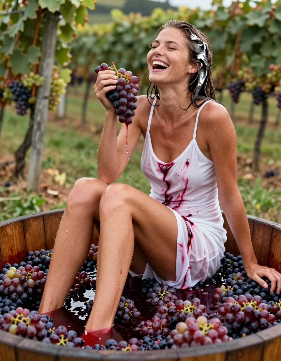 photo of young woman, in soaking wet, drenched clothes,
barefeed, white thong, white coctail dress, no bra, large, open wooden vat filled with crushed grapes. vineyards in Background, 
enjoying, wet clothes stuck to body,
detailed textures of the wet clothes, wet face, wet plastered hair,
wet, drenched, professional, high-quality details, full body view.
sharp focus, ultra-high pixel detail, realistic, high-quality, full colors, incredibly detailed, 4k, 8k, 16k, hyper-realistic, RAW photo, masterpiece, ultra-detailed, professionally color graded, professional photograph, a 25 year old nordic woman is sitting in a large wooden vat during the grape harvest. she is sitting deep in the crushed grapes and the grape juice. Her white dress is completely stained with red grape juice. The garment is thoroughly soaked and clings to her body. The woman is laughing heartily.A woman is treading harvested red grapes in a large wooden vat during the grape harvest. Her white dress is completely stained with red grape juice. The garment is thoroughly soaked and clings to her body. Red wine runs down her dress and over her body. The woman is laughing heartily. wet skin, wet clothes, damp fabric, wet skin, wet clothes, damp fabric