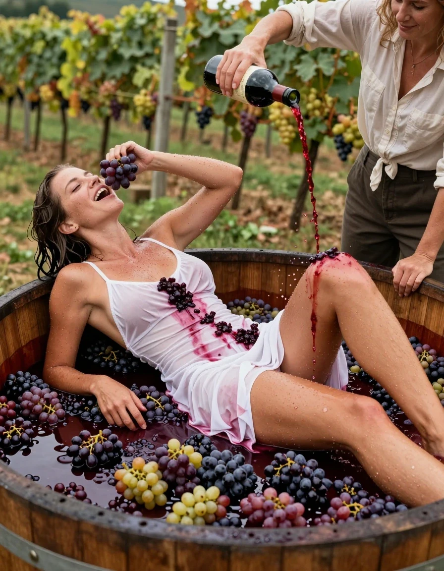 photo of young woman, in soaking wet, drenched clothes,
barefeed, white thong, white coctail dress, no bra, large, open wooden vat filled with crushed grapes. vineyards in Background, 
enjoying, wet clothes stuck to body,
detailed textures of the wet clothes, wet face, wet plastered hair,
wet, drenched, professional, high-quality details, full body view.
sharp focus, ultra-high pixel detail, realistic, high-quality, full colors, incredibly detailed, 4k, 8k, 16k, hyper-realistic, RAW photo, masterpiece, ultra-detailed, professionally color graded, professional photograph, a 25 year old nordic woman is laying completly head to feed on her stomack in a very large wooden vat during the grape harvest. she is covered with the crushed grapes and drenched with grape juice. Her dress is completely stained with red grape juice. her body is half submergen in the grape juice. The garment is thoroughly soaked an red coloured by the red grape juice and clings to her body. the girl takes a hand full of smashed grapes, lifts her dress and smears smashed grapes onto her butt. Another woman stands beside the barrel and pours red wine from a wine bottle over the butt of the woman in the barrel. When the wine hits the butt, it splashes in all directions. The woman is laughing heartily. wet skin, wet clothes, damp fabric, wet skin, wet clothes, damp fabric