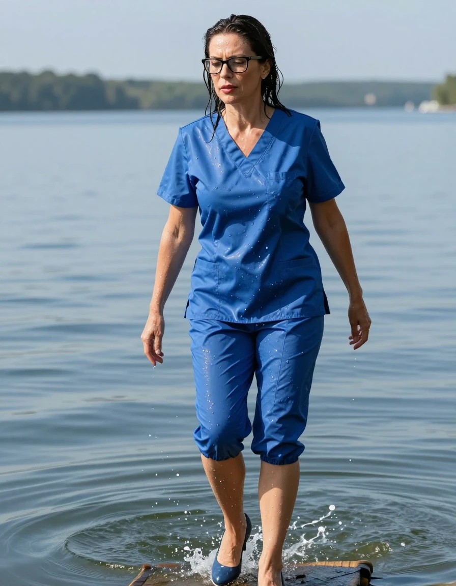photo of young woman, in soaking wet, drenched clothes,
high-heeled shoes, tight blue shiny scrubs with skirt, tight blue shiny scrubs with skirt, after diving in the sunny lake, 
enjoying, wet clothes stuck to body,
detailed textures of the wet clothes, wet face, wet plastered hair,
wet, drenched, professional, high-quality details, full body view.
sharp focus, ultra-high pixel detail, realistic, high-quality, full colors, incredibly detailed, 4k, 8k, 16k, hyper-realistic, RAW photo, masterpiece, ultra-detailed, professionally color graded, professional photograph, europen brunette skinny woman 50 years old, long dark black hair, office glasses, very big and thick lips, complete body, wet skin, wet clothes, damp fabric, wet skin, wet clothes, damp fabric, wet skin, wet clothes, damp fabric, wet skin, wet clothes, damp fabric, wet skin, wet clothes, damp fabric, wet skin, wet clothes, damp fabric, wet skin, wet clothes, damp fabric