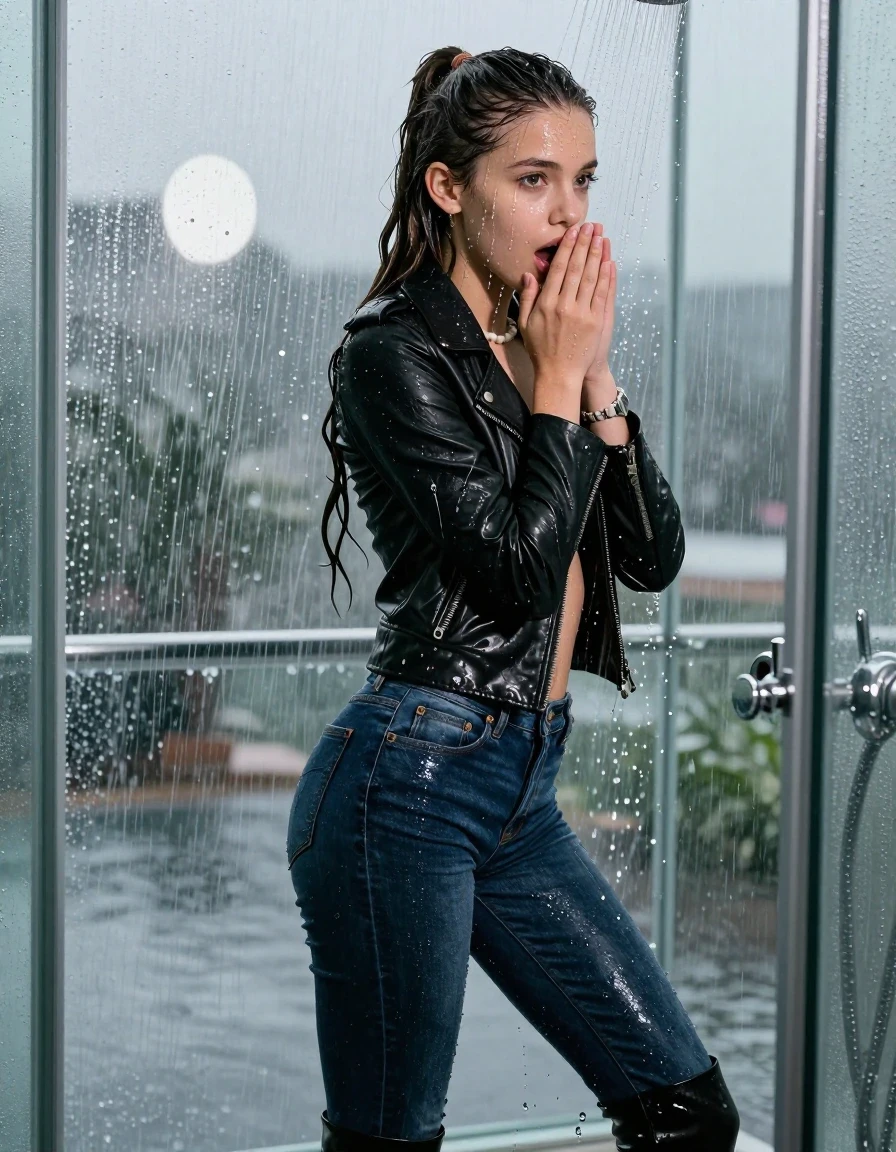photo of young woman, in soaking wet, drenched clothes,
Black high boots, Dark blue levis skinny jeans, Black biker leatherjacket, Open jacket, tight v-neck sweater, shoulderbag, pearl necklace, bracelet, wristwatch, Orgasm in shower, 
enjoying, wet clothes stuck to body,
detailed textures of the wet clothes, wet face, wet plastered hair,
wet, drenched, professional, high-quality details, full body view.
sharp focus, ultra-high pixel detail, realistic, high-quality, full colors, incredibly detailed, 4k, 8k, 16k, hyper-realistic, RAW photo, masterpiece, ultra-detailed, professionally color graded, professional photograph, A realistic vertical fashion photograph taken from a backward, behind-the-back angle of a 12-year-old teenage girl  in a glass-walled indoor shower, facing to the camera to show her back. She is tilting her head at camera, letting the water drench her hair so it is glued flat against her head and body. She has a long sleek ponytail, completely saturated and dripping wet hair, with water cascading down her face and neck. Afraid and astonished Expression. Hold her hands over her mouth. Closed mouth, big eyes. The lighting is bright and cinematic, highlighting the glistening water droplets on her skin and the saturated texture of her  casual clothes. Outside the large glass wall of the pool building, heavy rain is visible falling against the window. Soft, moody indoor lighting with reflections on the water. High-quality fashion photography style.
her clothing is soaking wet and clinging tightly to her skin, showing heavy wet folds, darkened fabric texture, and deep water-saturated Patches, her clothes are heavy from the water, water runs from her body and her clothes in streams. A lot of water also runs out of her clothes. Her clothes are darkened by the water. 
hyper-realistic wetness, high-contrast water sheen, sharp focus, 16k resolution, professional photography, realistic water physics., wet skin, wet clothes, damp fabric, wet skin, wet clothes, damp fabric, wet skin, wet clothes, damp fabric, wet skin, wet clothes, damp fabric, wet skin, wet clothes, damp fabric, wet skin, wet clothes, damp fabric, wet skin, wet clothes, damp fabric, wet skin, wet clothes, damp fabric, wet skin, wet clothes, damp fabric, wet skin, wet clothes, damp fabric, wet skin, wet clothes, damp fabric, wet skin, wet clothes, damp fabric, wet skin, wet clothes, damp fabric, wet skin, wet clothes, damp fabric, wet skin, wet clothes, damp fabric, wet skin, wet clothes, damp fabric, wet skin, wet clothes, damp fabric, wet skin, wet clothes, damp fabric, wet skin, wet clothes, damp fabric, wet skin, wet clothes, damp fabric, wet skin, wet clothes, damp fabric, wet skin, wet clothes, damp fabric, wet skin, wet clothes, damp fabric, wet skin, wet clothes, damp fabric