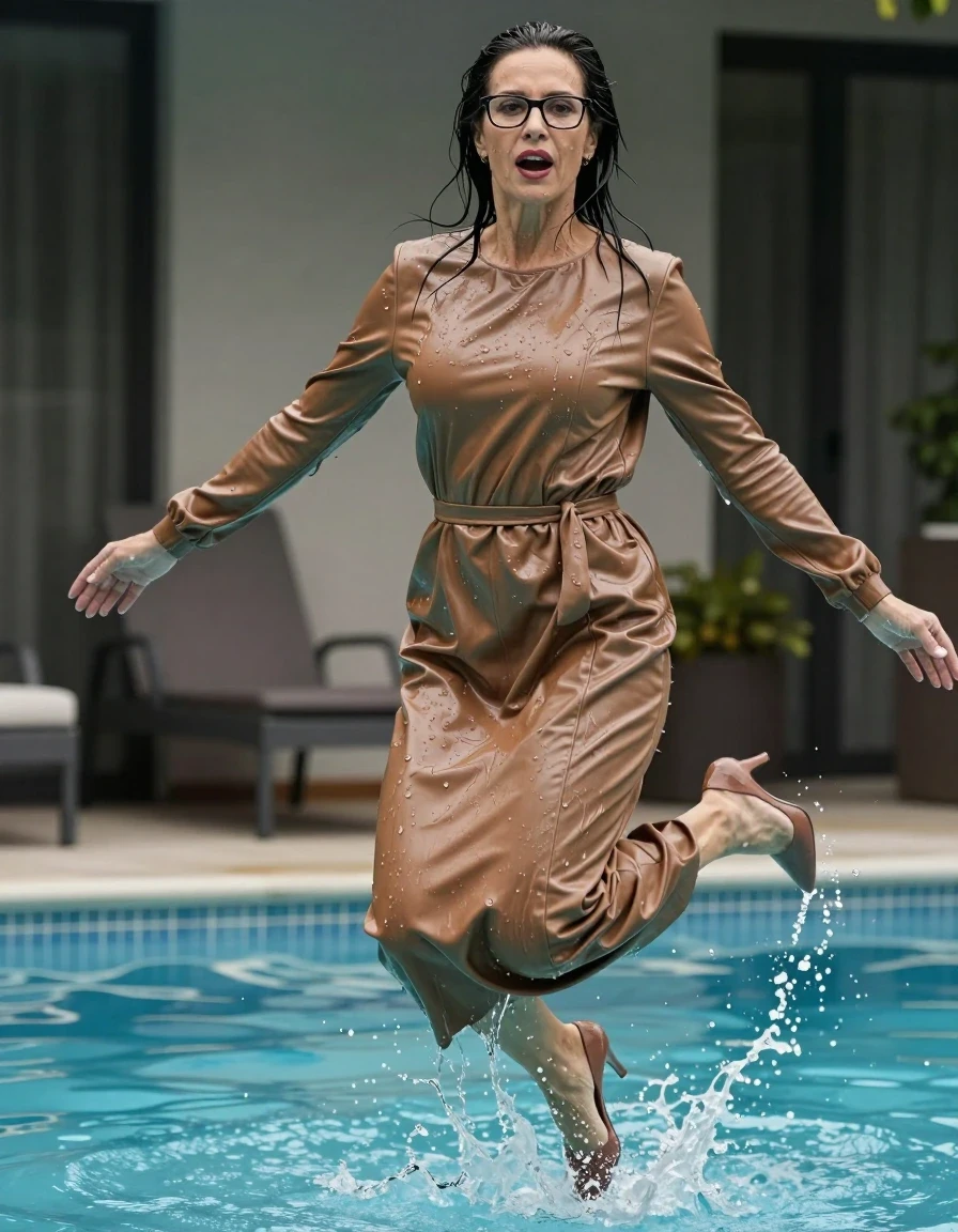 photo of young woman, in soaking wet, drenched clothes,
high-heeled shoes, maxi large light brown leather dress with long sleeves, maxi large light brown leather dress with long sleeves, jump in pool, 
enjoying, wet clothes stuck to body,
detailed textures of the wet clothes, wet face, wet plastered hair,
wet, drenched, professional, high-quality details, full body view.
sharp focus, ultra-high pixel detail, realistic, high-quality, full colors, incredibly detailed, 4k, 8k, 16k, hyper-realistic, RAW photo, masterpiece, ultra-detailed, professionally color graded, professional photograph, europen brunette skinny woman 50 years old, long dark black hair, office glasses, very big and thick lips, complete body, wet skin, wet clothes, damp fabric, wet skin, wet clothes, damp fabric, wet skin, wet clothes, damp fabric, wet skin, wet clothes, damp fabric, wet skin, wet clothes, damp fabric, wet skin, wet clothes, damp fabric, wet skin, wet clothes, damp fabric