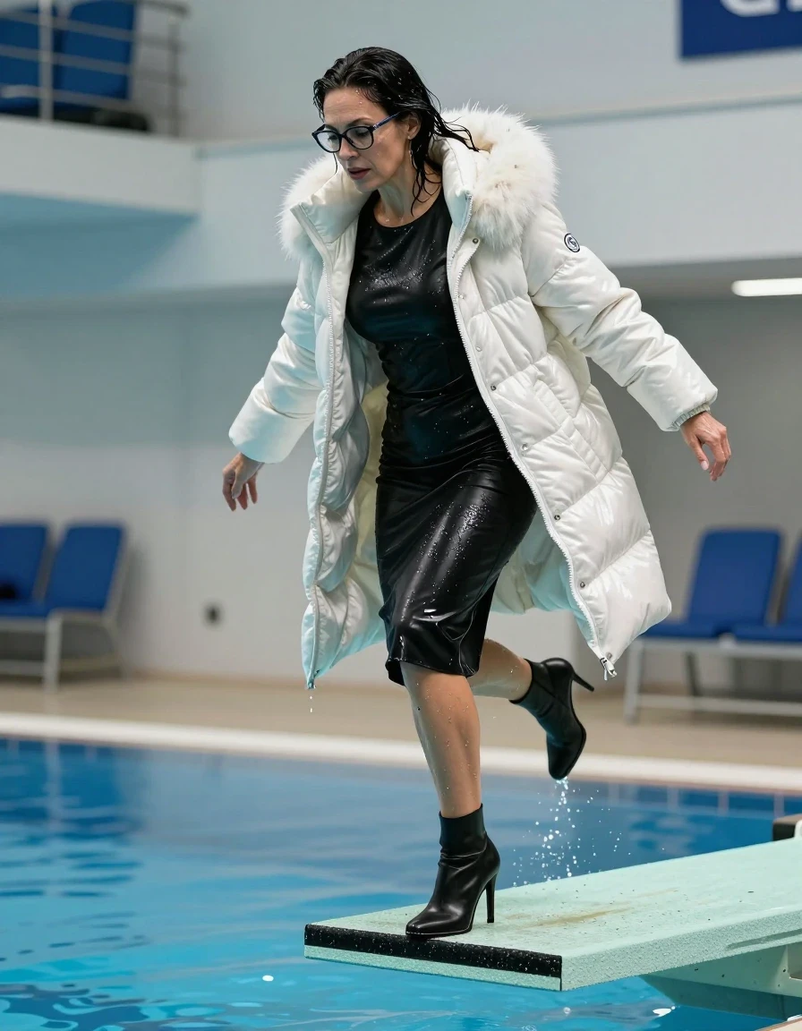 photo of young woman, in soaking wet, drenched clothes,
high-heeled boots, midi large black leather dress with long sleeves, midi large black leather dress with long sleeves, maxi white shiny down jacket with fur, jumping from the diving board into the water of the indoor pool, 
enjoying, wet clothes stuck to body,
detailed textures of the wet clothes, wet face, wet plastered hair,
wet, drenched, professional, high-quality details, full body view.
sharp focus, ultra-high pixel detail, realistic, high-quality, full colors, incredibly detailed, 4k, 8k, 16k, hyper-realistic, RAW photo, masterpiece, ultra-detailed, professionally color graded, professional photograph, europen brunette skinny woman 50 years old, long dark black hair, office glasses, very big and thick lips, complete body, wet skin, wet clothes, damp fabric, wet skin, wet clothes, damp fabric, wet skin, wet clothes, damp fabric, wet skin, wet clothes, damp fabric, wet skin, wet clothes, damp fabric, wet skin, wet clothes, damp fabric, wet skin, wet clothes, damp fabric