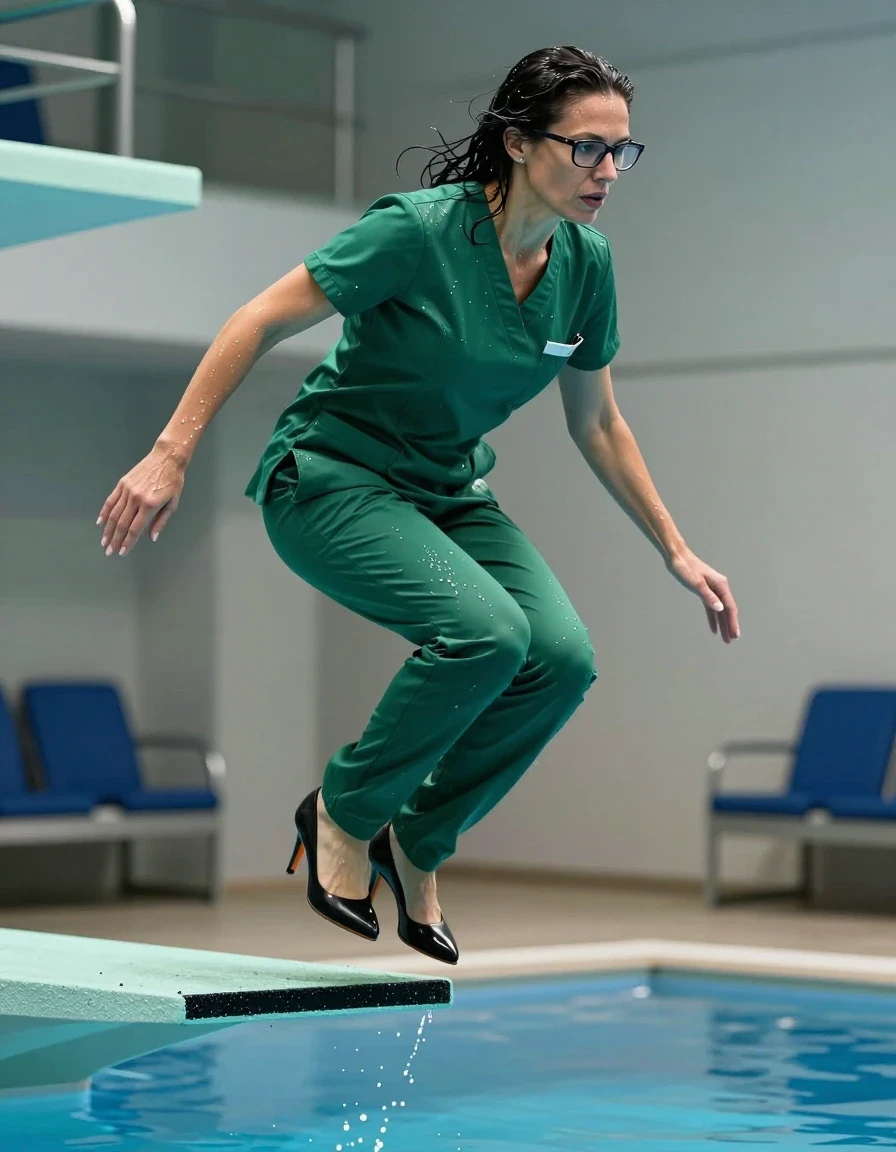 photo of young woman, in soaking wet, drenched clothes,
high-heeled shoes, tight green shiny scrubs, tight green shiny scrubs, jumping from the diving board into the water of the indoor pool, 
enjoying, wet clothes stuck to body,
detailed textures of the wet clothes, wet face, wet plastered hair,
wet, drenched, professional, high-quality details, full body view.
sharp focus, ultra-high pixel detail, realistic, high-quality, full colors, incredibly detailed, 4k, 8k, 16k, hyper-realistic, RAW photo, masterpiece, ultra-detailed, professionally color graded, professional photograph, europen brunette skinny woman 50 years old, long dark black hair, office glasses, very big and thick lips, complete body, wet skin, wet clothes, damp fabric, wet skin, wet clothes, damp fabric, wet skin, wet clothes, damp fabric, wet skin, wet clothes, damp fabric, wet skin, wet clothes, damp fabric, wet skin, wet clothes, damp fabric, wet skin, wet clothes, damp fabric