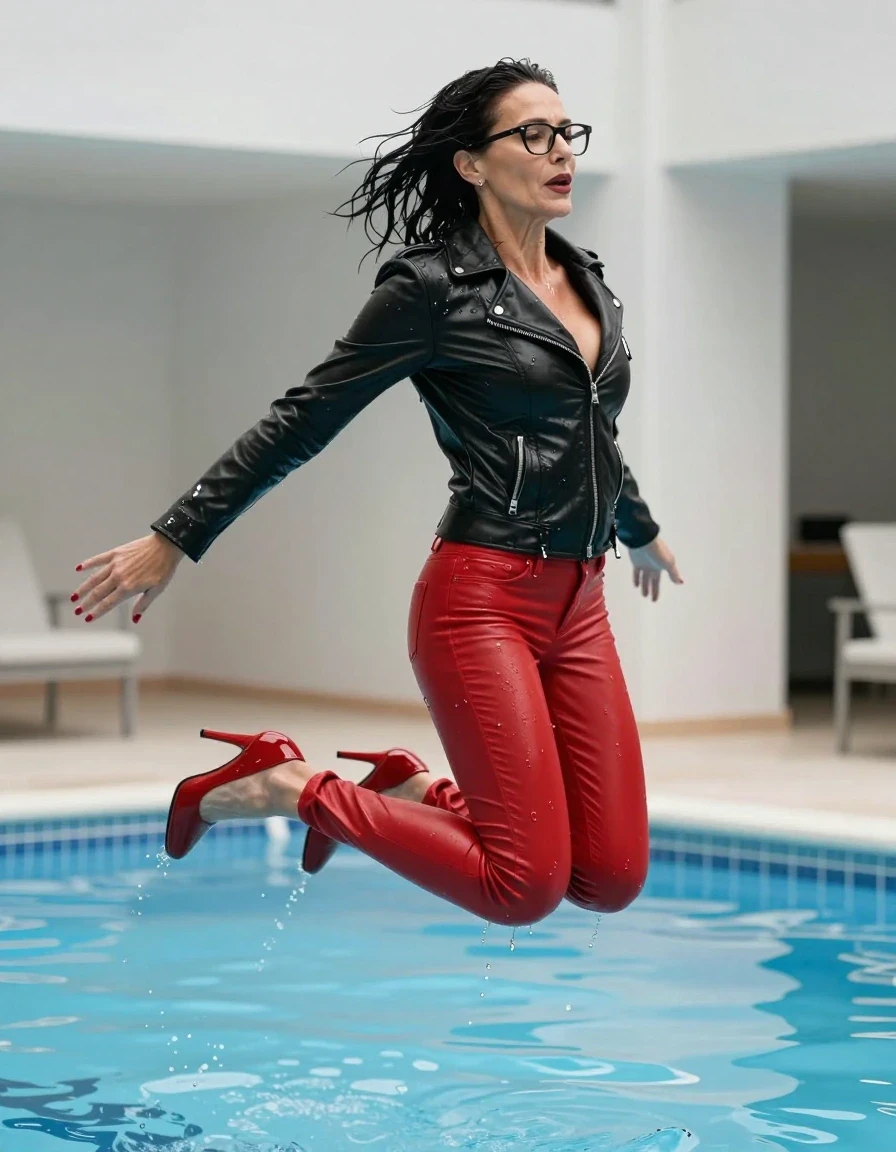 photo of young woman, in soaking wet, drenched clothes,
high-heeled shoes, long red leather jeans, black byker leather jacket, jumping in swimming pool, 
enjoying, wet clothes stuck to body,
detailed textures of the wet clothes, wet face, wet plastered hair,
wet, drenched, professional, high-quality details, full body view.
sharp focus, ultra-high pixel detail, realistic, high-quality, full colors, incredibly detailed, 4k, 8k, 16k, hyper-realistic, RAW photo, masterpiece, ultra-detailed, professionally color graded, professional photograph, europen brunette skinny woman 50 years old, long dark black hair, office glasses, very big and thick lips, complete body, wet skin, wet clothes, damp fabric, wet skin, wet clothes, damp fabric, wet skin, wet clothes, damp fabric, wet skin, wet clothes, damp fabric, wet skin, wet clothes, damp fabric, wet skin, wet clothes, damp fabric, wet skin, wet clothes, damp fabric