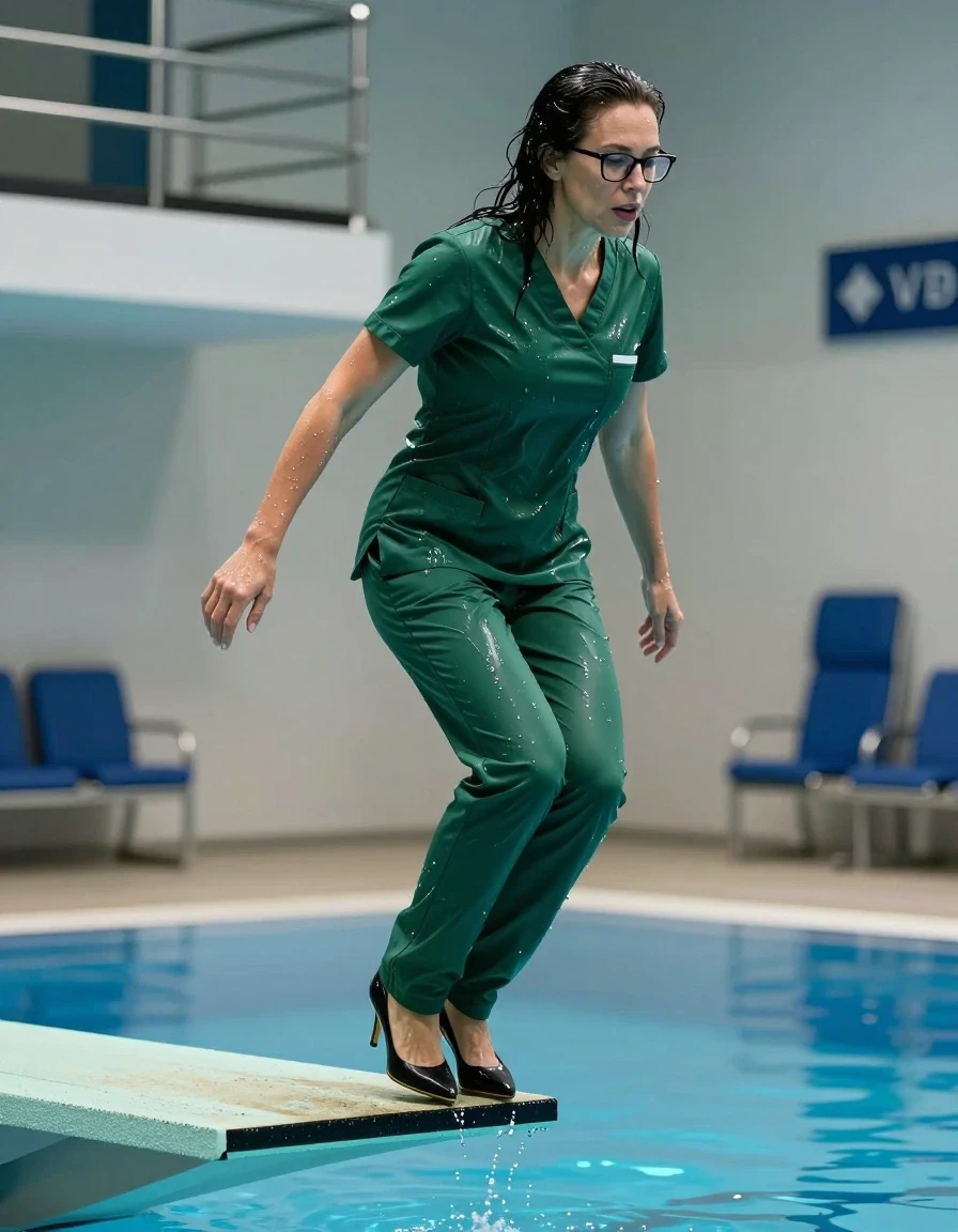 photo of young woman, in soaking wet, drenched clothes,
high-heeled shoes, tight dark green shiny scrubs, tight dark green shiny scrubs, jumping from the diving board into the water of the indoor pool, 
enjoying, wet clothes stuck to body,
detailed textures of the wet clothes, wet face, wet plastered hair,
wet, drenched, professional, high-quality details, full body view.
sharp focus, ultra-high pixel detail, realistic, high-quality, full colors, incredibly detailed, 4k, 8k, 16k, hyper-realistic, RAW photo, masterpiece, ultra-detailed, professionally color graded, professional photograph, europen brunette skinny woman 50 years old, long dark black hair, office glasses, very big and thick lips, complete body, wet skin, wet clothes, damp fabric, wet skin, wet clothes, damp fabric, wet skin, wet clothes, damp fabric, wet skin, wet clothes, damp fabric, wet skin, wet clothes, damp fabric, wet skin, wet clothes, damp fabric, wet skin, wet clothes, damp fabric