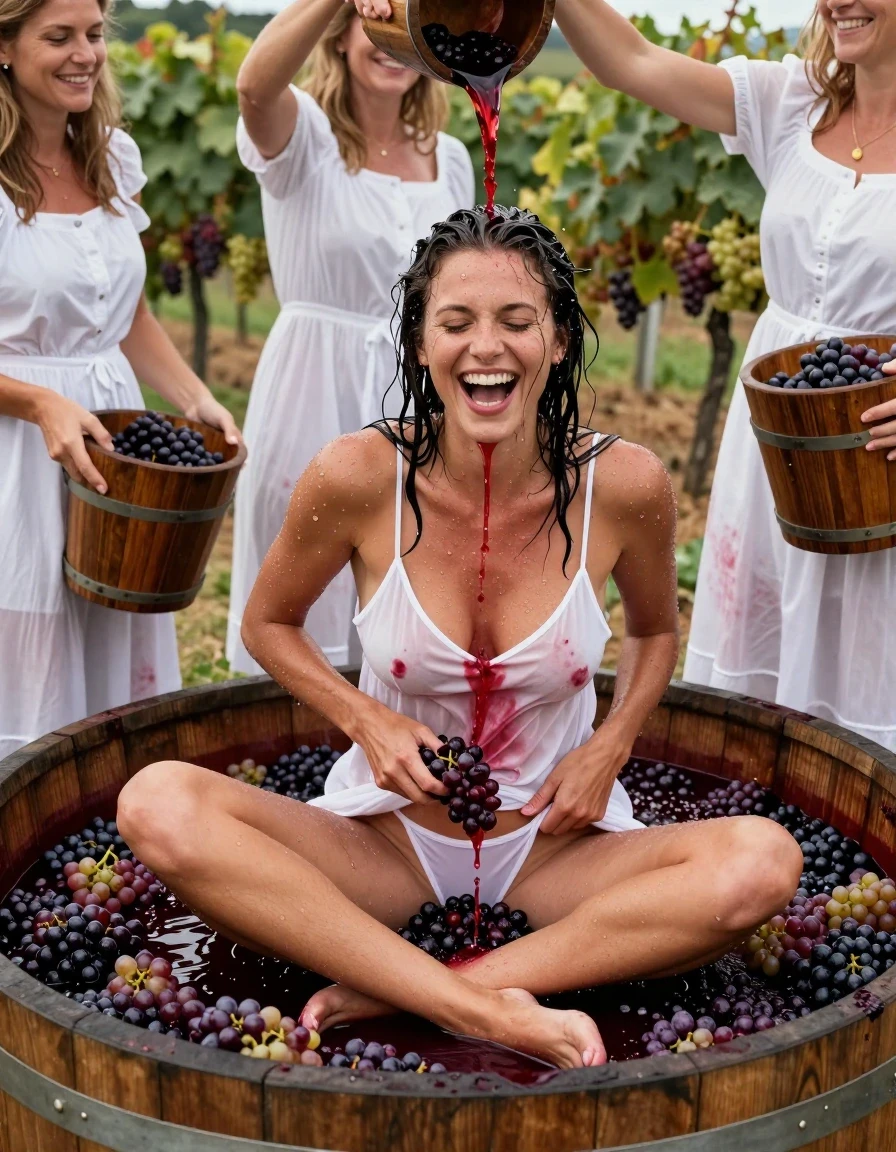 photo of young woman, in soaking wet, drenched clothes,
barefeed, white thong, white coctail dress, no bra, large, open wooden vat filled with crushed grapes. vineyards in Background, 
enjoying, wet clothes stuck to body,
detailed textures of the wet clothes, wet face, wet plastered hair,
wet, drenched, professional, high-quality details, full body view.
sharp focus, ultra-high pixel detail, realistic, high-quality, full colors, incredibly detailed, 4k, 8k, 16k, hyper-realistic, RAW photo, masterpiece, ultra-detailed, professionally color graded, professional photograph, a 25 year old nordic woman is siting cross-legged in a large wooden vat during the grape harvest. she is covered with the crushed grapes and drenched with grape juice. Her white dress is completely stained with red grape juice. the boobs are visible under the wet fabric. her body is half submerged in the grape juice. The garment is thoroughly soaked with red grape juice and clings to her body. the girl takes a hand full of smashed grapes, lifts her dress and puts smashed grapes into her panties. Another three woman in white dresses stands around the barrel and each of them holds an wooden bucket and pours a lot of red wine over the head of the woman in the barrel. When the wine hits the woman’s head, it splashes in all directions and dreches her dress. The woman is laughing heartily. wet skin, wet clothes, damp fabric, wet skin, wet clothes, damp fabric, wet skin, wet clothes, damp fabric