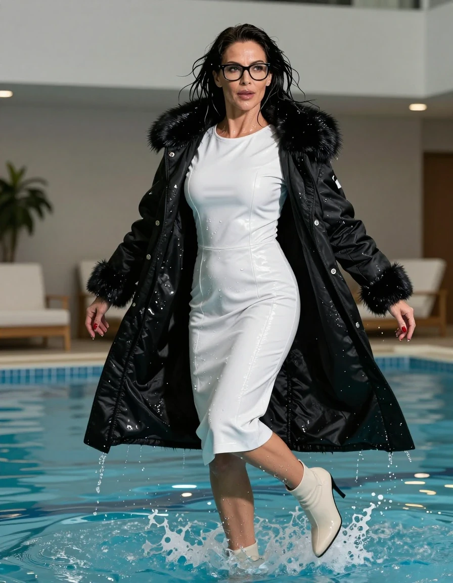 photo of young woman, in soaking wet, drenched clothes,
high-heeled boots, midi large white leather dress with long sleeves, midi large white leather dress with long sleeves, maxi black down coat with fur, jump in indoor pool, 
enjoying, wet clothes stuck to body,
detailed textures of the wet clothes, wet face, wet plastered hair,
wet, drenched, professional, high-quality details, full body view.
sharp focus, ultra-high pixel detail, realistic, high-quality, full colors, incredibly detailed, 4k, 8k, 16k, hyper-realistic, RAW photo, masterpiece, ultra-detailed, professionally color graded, professional photograph, europen brunette skinny woman 50 years old, long dark black hair, office glasses, very big and thick lips, complete body, wet skin, wet clothes, damp fabric, wet skin, wet clothes, damp fabric, wet skin, wet clothes, damp fabric, wet skin, wet clothes, damp fabric, wet skin, wet clothes, damp fabric, wet skin, wet clothes, damp fabric, wet skin, wet clothes, damp fabric
