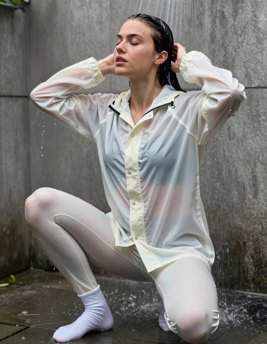 photo of young woman, in soaking wet, drenched clothes,
No shoes, just white socks, Latex leggings , White rainjacket soaking wet , In the shower , 
enjoying, wet clothes stuck to body,
detailed textures of the wet clothes, wet face, wet plastered hair,
wet, drenched, professional, high-quality details, full body view.
sharp focus, ultra-high pixel detail, realistic, high-quality, full colors, incredibly detailed, 4k, 8k, 16k, hyper-realistic, RAW photo, masterpiece, ultra-detailed, professionally color graded, professional photograph, Her hair is soaking wet and slicked back. Her clothes are soaking wet and clings to her form, wet skin, wet clothes, damp fabric