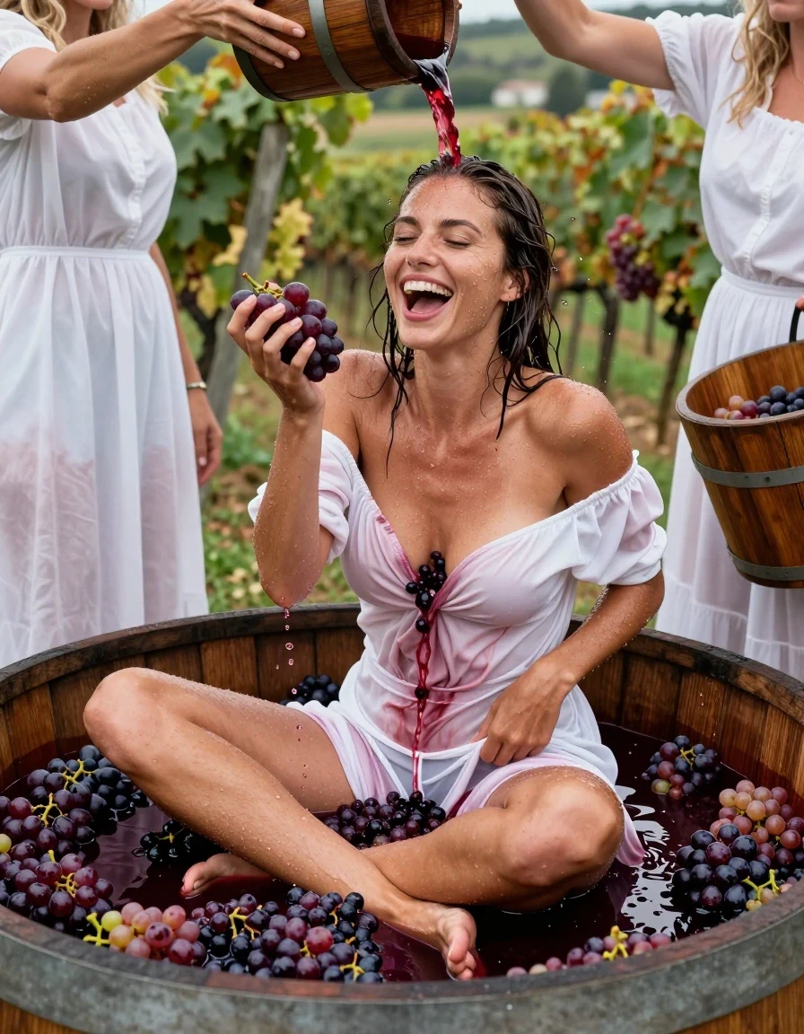 photo of young woman, in soaking wet, drenched clothes,
barefeed, white thong, white coctail dress, no bra, large, open wooden vat filled with crushed grapes. vineyards in Background, 
enjoying, wet clothes stuck to body,
detailed textures of the wet clothes, wet face, wet plastered hair,
wet, drenched, professional, high-quality details, full body view.
sharp focus, ultra-high pixel detail, realistic, high-quality, full colors, incredibly detailed, 4k, 8k, 16k, hyper-realistic, RAW photo, masterpiece, ultra-detailed, professionally color graded, professional photograph, a 25 year old nordic woman is siting cross-legged in a large wooden vat during the grape harvest. she is covered with the crushed grapes and drenched with grape juice. Her white dress is completely stained with red grape juice. the boobs are visible under the wet fabric. Her body is submerged up to the hips in the grape juice. The garment is thoroughly soaked with red grape juice and clings to her body. the girl takes a hand full of smashed grapes, lifts her dress and puts smashed grapes into her panties. Another three woman in white dresses stands around the barrel and each of them holds an wooden bucket and pours a lot of red wine over the head of the woman in the barrel. When the wine hits the woman’s head, it splashes in all directions and dreches her dress. The woman is laughing heartily. wet skin, wet clothes, damp fabric, wet skin, wet clothes, damp fabric, wet skin, wet clothes, damp fabric
