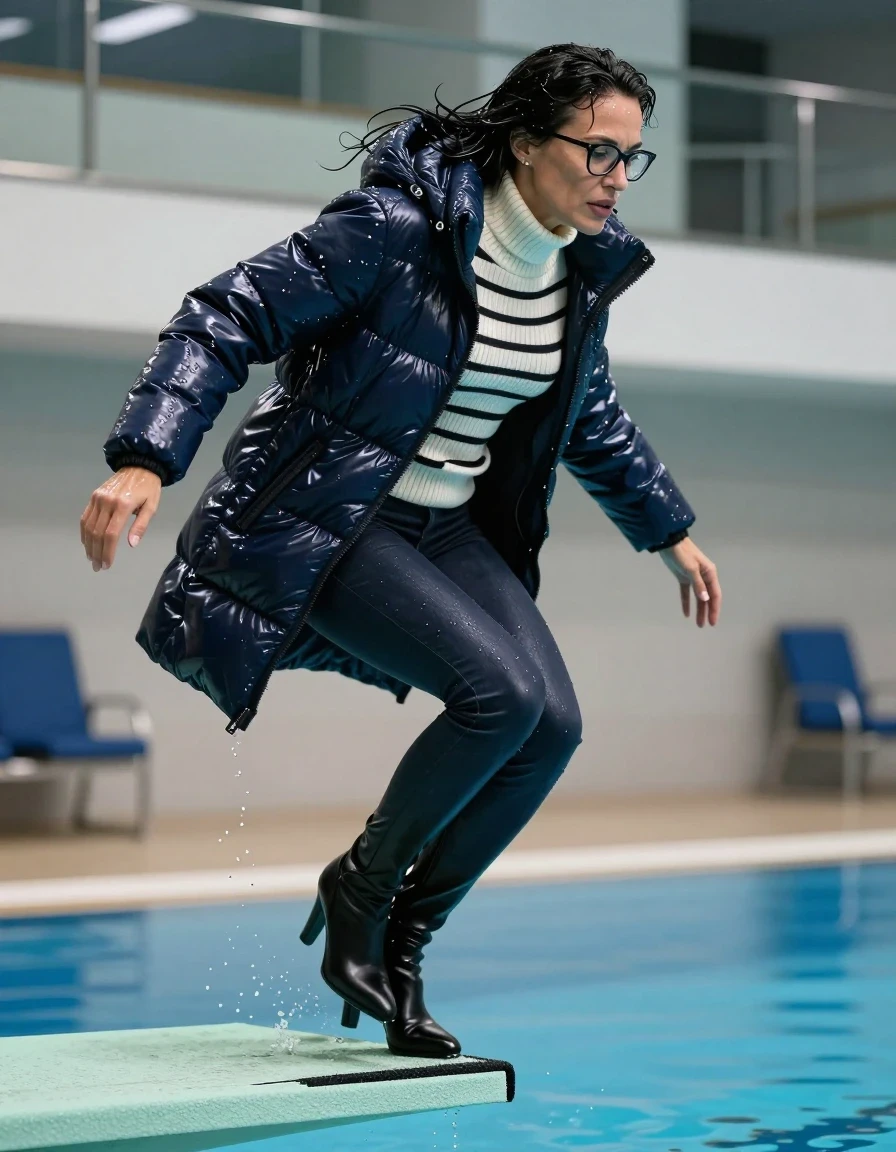 photo of young woman, in soaking wet, drenched clothes,
high-heeled black boots, long dark blue leather jeans, high-neck shiny white and black striped sweater, maxi dark blue shiny winter down jacket, jumping from the diving board into the water of the indoor pool, 
enjoying, wet clothes stuck to body,
detailed textures of the wet clothes, wet face, wet plastered hair,
wet, drenched, professional, high-quality details, full body view.
sharp focus, ultra-high pixel detail, realistic, high-quality, full colors, incredibly detailed, 4k, 8k, 16k, hyper-realistic, RAW photo, masterpiece, ultra-detailed, professionally color graded, professional photograph, europen brunette skinny woman 50 years old, long dark black hair, office glasses, very big and thick lips, complete body, wet skin, wet clothes, damp fabric, wet skin, wet clothes, damp fabric, wet skin, wet clothes, damp fabric, wet skin, wet clothes, damp fabric, wet skin, wet clothes, damp fabric, wet skin, wet clothes, damp fabric, wet skin, wet clothes, damp fabric