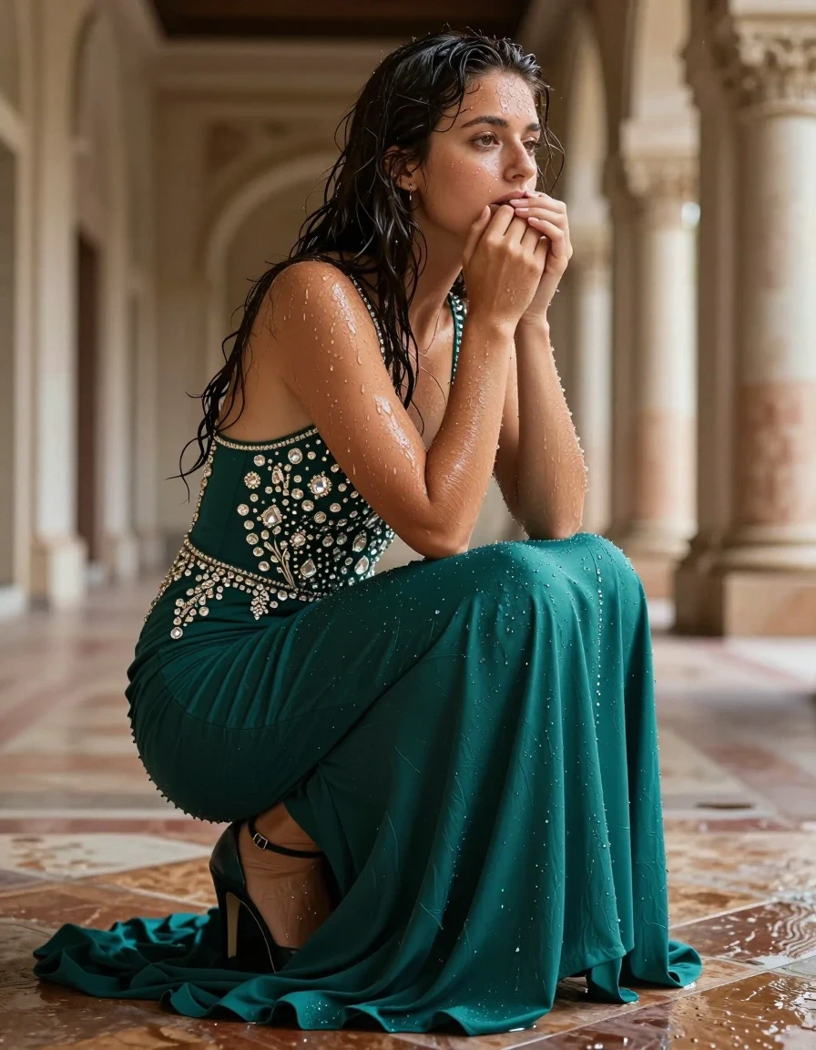 photo of young woman, in soaking wet, drenched clothes,
heels, Socks, stunning floor-length emerald teal formal gown , diamond stones embroidered , Inside ancient palace , 
enjoying, wet clothes stuck to body,
detailed textures of the wet clothes, wet face, wet plastered hair,
wet, drenched, professional, high-quality details, full body view.
sharp focus, ultra-high pixel detail, realistic, high-quality, full colors, incredibly detailed, 4k, 8k, 16k, hyper-realistic, RAW photo, masterpiece, ultra-detailed, professionally color graded, professional photograph, wet skin, wet clothes, damp fabric