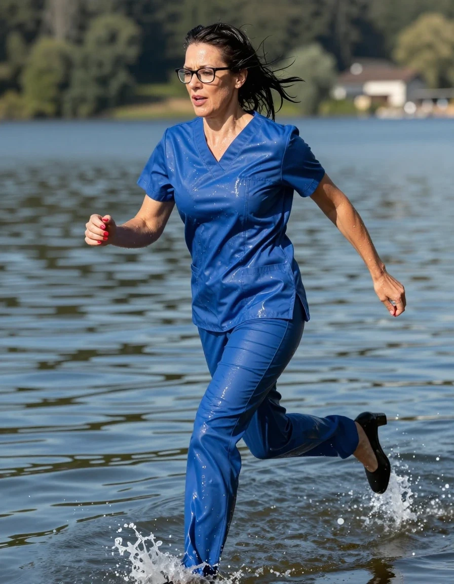 photo of young woman, in soaking wet, drenched clothes,
high-heeled shoes, tight blue shiny scrubs, tight blue shiny scrubs, running after diving in the sunny lake, 
enjoying, wet clothes stuck to body,
detailed textures of the wet clothes, wet face, wet plastered hair,
wet, drenched, professional, high-quality details, full body view.
sharp focus, ultra-high pixel detail, realistic, high-quality, full colors, incredibly detailed, 4k, 8k, 16k, hyper-realistic, RAW photo, masterpiece, ultra-detailed, professionally color graded, professional photograph, europen brunette skinny woman 50 years old, long dark black hair, office glasses, very big and thick lips, complete body, wet skin, wet clothes, damp fabric, wet skin, wet clothes, damp fabric, wet skin, wet clothes, damp fabric, wet skin, wet clothes, damp fabric, wet skin, wet clothes, damp fabric, wet skin, wet clothes, damp fabric, wet skin, wet clothes, damp fabric