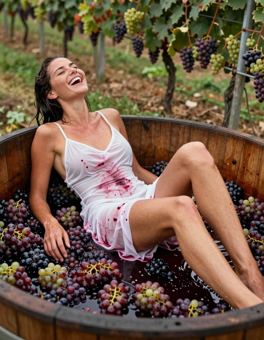 photo of young woman, in soaking wet, drenched clothes,
barefeed, white thong, white coctail dress, no bra, large, open wooden vat filled with crushed grapes. vineyards in Background, 
enjoying, wet clothes stuck to body,
detailed textures of the wet clothes, wet face, wet plastered hair,
wet, drenched, professional, high-quality details, full body view.
sharp focus, ultra-high pixel detail, realistic, high-quality, full colors, incredibly detailed, 4k, 8k, 16k, hyper-realistic, RAW photo, masterpiece, ultra-detailed, professionally color graded, professional photograph, a 25 year old nordic woman is laying on the back in a large wooden vat during the grape harvest. she is covered with the crushed grapes and drenched with grape juice. Her white dress is completely stained with red grape juice. The garment is thoroughly soaked with red grape juice and clings to her body. The woman is laughing heartily. wet skin, wet clothes, damp fabric, wet skin, wet clothes, damp fabric