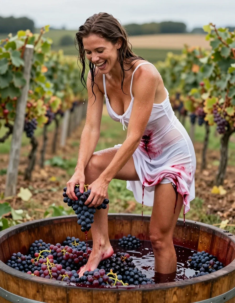 photo of young woman, in soaking wet, drenched clothes,
barefeed, white thong, white coctail dress, no bra, large, open wooden vat filled with crushed grapes. vineyards in Background, 
enjoying, wet clothes stuck to body,
detailed textures of the wet clothes, wet face, wet plastered hair,
wet, drenched, professional, high-quality details, full body view.
sharp focus, ultra-high pixel detail, realistic, high-quality, full colors, incredibly detailed, 4k, 8k, 16k, hyper-realistic, RAW photo, masterpiece, ultra-detailed, professionally color graded, professional photograph, a 25 year old nordic woman is smashing red grapes in a large wooden vat with her feed during the grape harvest. Her white dress is completely stained with red grape juice. The garment is thoroughly soaked and clings to her body. The woman is laughing heartily.A woman is treading harvested red grapes in a large wooden vat during the grape harvest. Her white dress is completely stained with red grape juice. The garment is thoroughly soaked and clings to her body. Red wine runs down her dress and over her body. The woman is laughing heartily. wet skin, wet clothes, damp fabric, wet skin, wet clothes, damp fabric