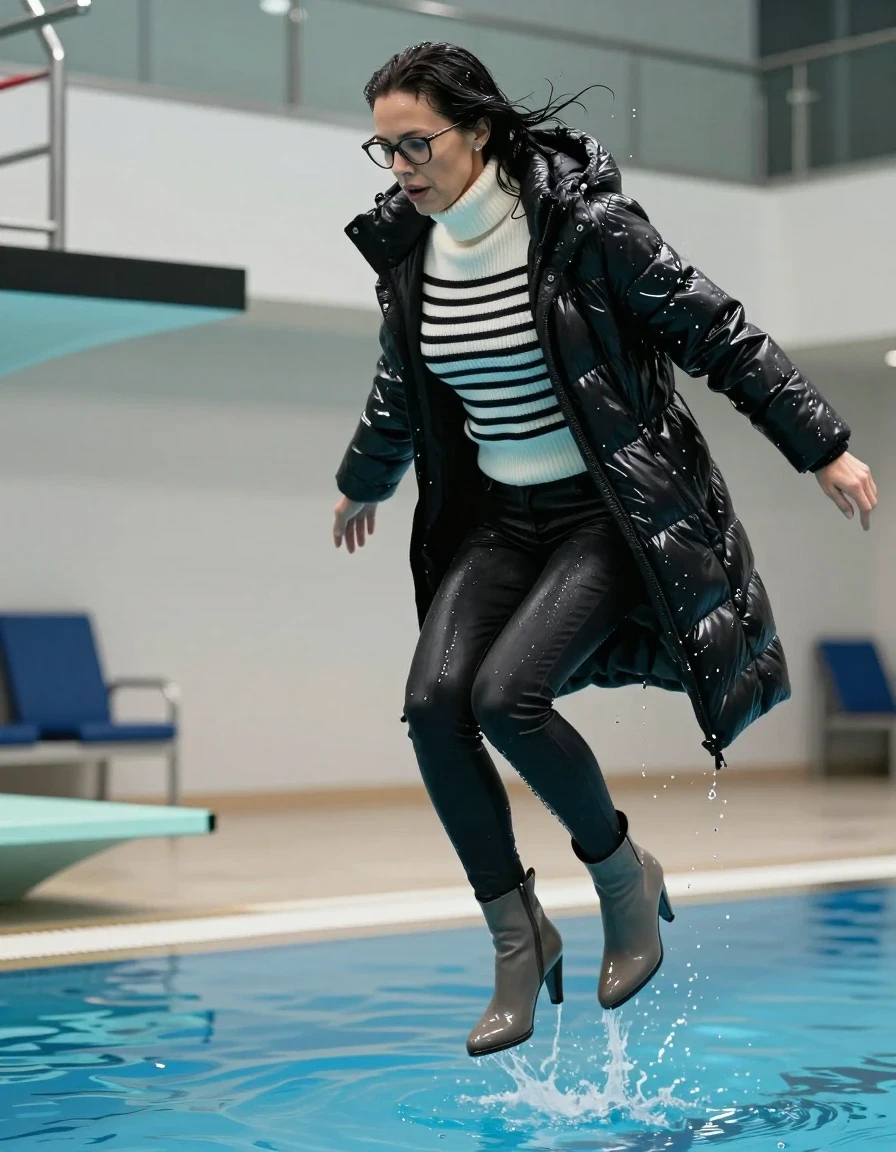 photo of young woman, in soaking wet, drenched clothes,
high-heeled gray boots, long black leather jeans, high-neck shiny white and black striped sweater, maxi black shiny winter down jacket, jumping from the diving board into the water of the indoor pool, 
enjoying, wet clothes stuck to body,
detailed textures of the wet clothes, wet face, wet plastered hair,
wet, drenched, professional, high-quality details, full body view.
sharp focus, ultra-high pixel detail, realistic, high-quality, full colors, incredibly detailed, 4k, 8k, 16k, hyper-realistic, RAW photo, masterpiece, ultra-detailed, professionally color graded, professional photograph, europen brunette skinny woman 50 years old, long dark black hair, office glasses, very big and thick lips, complete body, wet skin, wet clothes, damp fabric, wet skin, wet clothes, damp fabric, wet skin, wet clothes, damp fabric, wet skin, wet clothes, damp fabric, wet skin, wet clothes, damp fabric, wet skin, wet clothes, damp fabric, wet skin, wet clothes, damp fabric