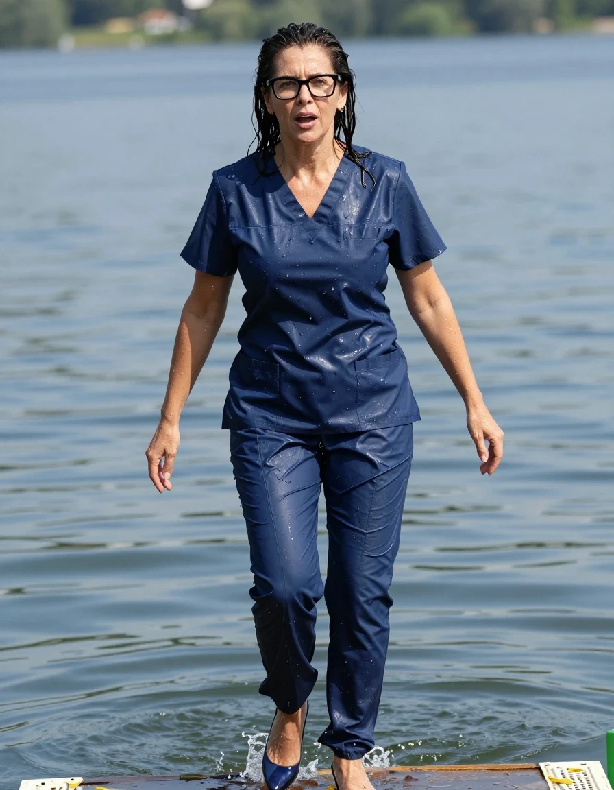 photo of young woman, in soaking wet, drenched clothes,
high-heeled shoes, tight blue shiny scrubs dress, tight blue shiny scrubs dress, after diving in the sunny lake, 
enjoying, wet clothes stuck to body,
detailed textures of the wet clothes, wet face, wet plastered hair,
wet, drenched, professional, high-quality details, full body view.
sharp focus, ultra-high pixel detail, realistic, high-quality, full colors, incredibly detailed, 4k, 8k, 16k, hyper-realistic, RAW photo, masterpiece, ultra-detailed, professionally color graded, professional photograph, europen brunette skinny woman 50 years old, long dark black hair, office glasses, very big and thick lips, complete body, wet skin, wet clothes, damp fabric, wet skin, wet clothes, damp fabric, wet skin, wet clothes, damp fabric, wet skin, wet clothes, damp fabric, wet skin, wet clothes, damp fabric, wet skin, wet clothes, damp fabric, wet skin, wet clothes, damp fabric