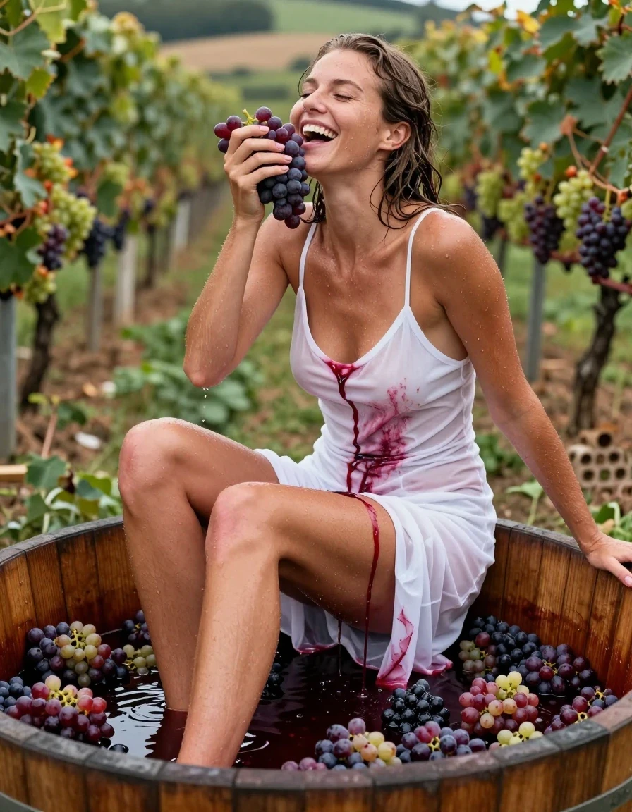 photo of young woman, in soaking wet, drenched clothes,
barefeed, white thong, white coctail dress, no bra, large, open wooden vat filled with crushed grapes. vineyards in Background, 
enjoying, wet clothes stuck to body,
detailed textures of the wet clothes, wet face, wet plastered hair,
wet, drenched, professional, high-quality details, full body view.
sharp focus, ultra-high pixel detail, realistic, high-quality, full colors, incredibly detailed, 4k, 8k, 16k, hyper-realistic, RAW photo, masterpiece, ultra-detailed, professionally color graded, professional photograph, a 25 year old nordic woman is sitting in a large wooden vat during the grape harvest. Her white dress is completely stained with red grape juice. The garment is thoroughly soaked and clings to her body. The woman is laughing heartily.A woman is treading harvested red grapes in a large wooden vat during the grape harvest. Her white dress is completely stained with red grape juice. The garment is thoroughly soaked and clings to her body. Red wine runs down her dress and over her body. The woman is laughing heartily. wet skin, wet clothes, damp fabric, wet skin, wet clothes, damp fabric