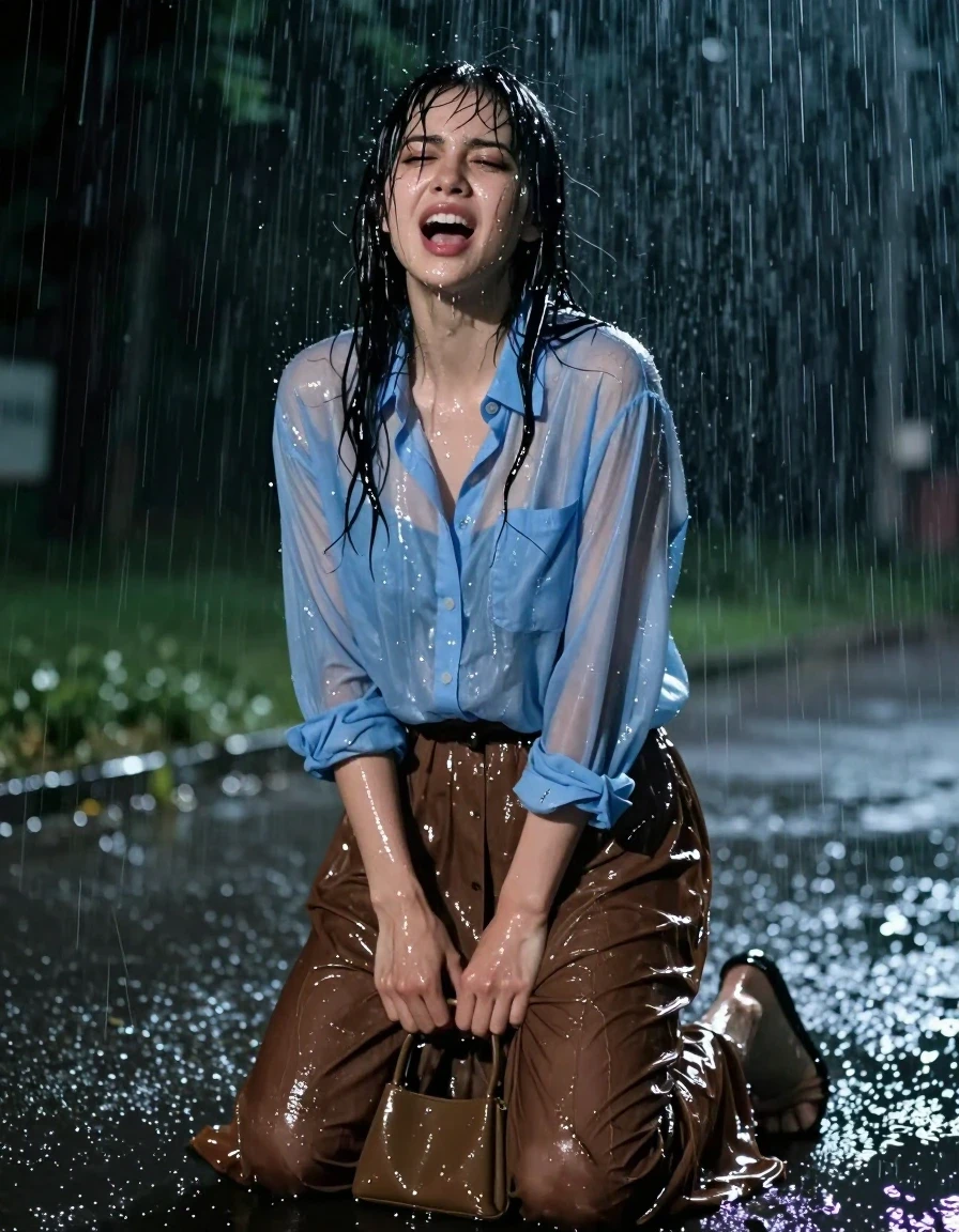 A photorealistic medium shot of a young adult European woman in a park at night during a heavy rainstorm. She is on her knees, her expression captured in the intense, visceral moment of an orgasm. Her hair is plastered to her face and shoulders, dripping with rainwater. She wears an oversized light blue buttoned-down long-sleeved shirt that is completely translucent and clinging to her skin, darkened and heavy with water. Her oversized brown maxi skirt is soaked through, weighing down with water, showing deep, saturated fabric folds and clinging to her legs. She wears simple sandals on her feet. She is clutching a small handbag tightly. The scene is illuminated by harsh, cold park lighting that creates brilliant, specular highlights on her drenched skin and the wet fabric of her clothes. Rainwater streams down her body, creating a high-contrast atmosphere of moisture, dark shadows, and shimmering wet surfaces. Sharp focus, high-speed photography, 8k resolution, cinematic lighting, realistic skin textures, drenched aesthetic.