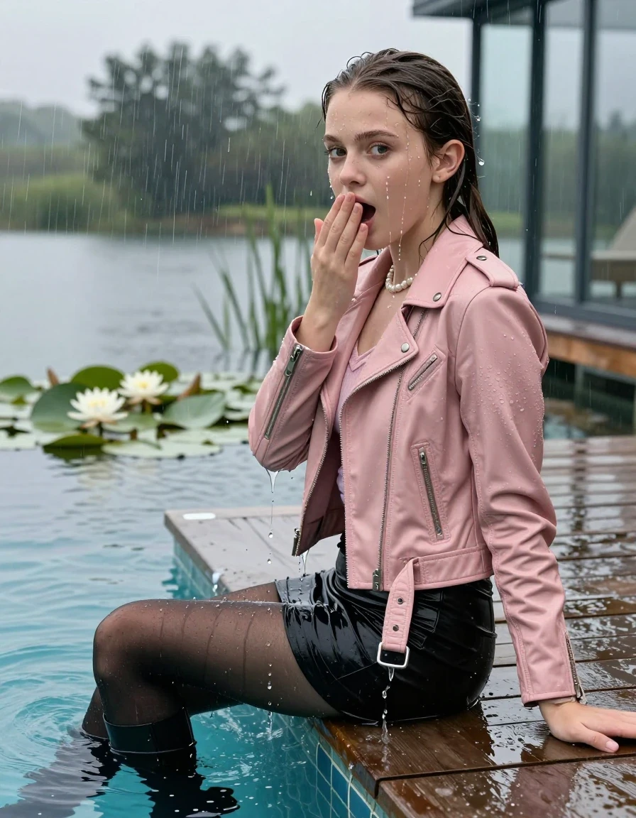 photo of young woman, in soaking wet, drenched clothes,
Black high boots, Short black mini skirt, black stockings, Light pink biker leatherjacket, tight v-neck sweater, shoulderbag, pearl necklace, bracelet, wristwatch, jetty by the lake with water lilies and reeds, 
enjoying, wet clothes stuck to body,
detailed textures of the wet clothes, wet face, wet plastered hair,
wet, drenched, professional, high-quality details, full body view.
sharp focus, ultra-high pixel detail, realistic, high-quality, full colors, incredibly detailed, 4k, 8k, 16k, hyper-realistic, RAW photo, masterpiece, ultra-detailed, professionally color graded, professional photograph, A realistic vertical fashion photograph taken from a backward, behind-the-back angle of a 12-year-old teengirl sitting  and slides in a glass-walled outdoor swimming pool, facing down to the camera to show her back. 

She is tilting her head at camera, letting the water drench her hair so it is glued flat against her head and body. 
She has a sleek ponytail, completely saturated and dripping wet hair, with water cascading down her neck. Shocked and astonished expression. Hold her hands in over her mouth. Closed mouth, big eyes. 

The lighting is bright and cinematic, highlighting the glistening water droplets and the saturated texture of her casual clothes. Outside the large glass wall of the pool building, heavy rain is visible falling against the window. Soft, moody indoor lighting with reflections on the water. High-quality fashion photography style.
her clothing is soaking wet and clinging tightly to her skin, showing heavy wet folds, darkened fabric texture, and deep water-saturated Patches, her clothes are heavy from the water, water runs from her body and her clothes in streams. A lot of water also runs out of her clothes. Her clothes are darkened by the water. 
hyper-realistic wetness, high-contrast water sheen, sharp focus, 16k resolution, professional photography, realistic water physics., wet skin, wet clothes, damp fabric., wet skin, wet clothes, damp fabric, wet skin, wet clothes, damp fabric, wet skin, wet clothes, damp fabric, wet skin, wet clothes, damp fabric, wet skin, wet clothes, damp fabric, wet skin, wet clothes, damp fabric