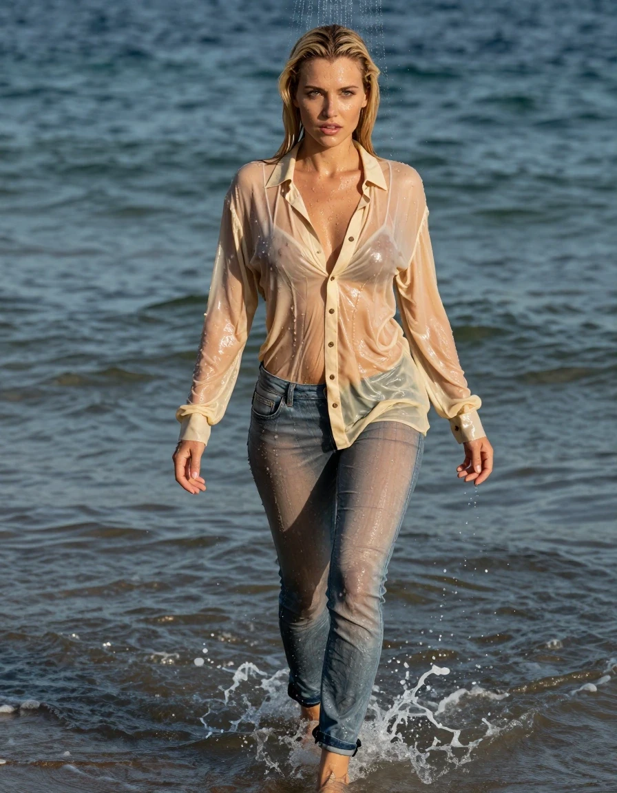 photo of young woman, in soaking wet, drenched clothes,
pumps, high-heels, transparent skinny oversized jeans shiny floor-length full buttoned, no underwear, light golden oversized gown, buttoned-up, transparent, see-through, kein BH, beach, deep water, 
enjoying, wet clothes stuck to body,
detailed textures of the wet clothes, wet face, wet plastered hair,
wet, drenched, professional, high-quality details, full body view.
sharp focus, ultra-high pixel detail, realistic, high-quality, full colors, incredibly detailed, 4k, 8k, 16k, hyper-realistic, RAW photo, masterpiece, ultra-detailed, professionally color graded, professional photograph, emerging the water, walk in waves, blond hair, shower, collar, long sleeves, buttoned, wet hair, long hair, soaking wet blouse,  full body view,  view from side, drenched clothes, shower, wet skin, wet clothes, soaking wet fabric, pouring water on head,
kein BH, sichtbare Brüste, Blick zur Kamera, wet skin, wet clothes, damp fabric, wet skin, wet clothes, damp fabric