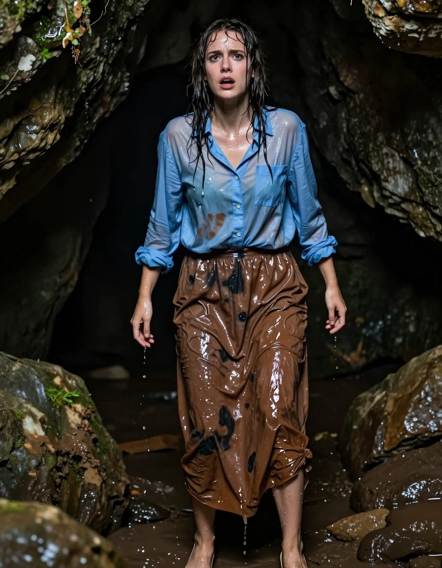 A photorealistic full-body shot of a young adult European woman emerging from a dark, damp cave, her expression visibly scared and frantic. She is wearing an oversized light blue buttoned-down long-sleeved shirt and an oversized brown maxi skirt, both items rendered as heavy, soaking-wet fabric clinging to her frame, with deep, unevenly saturated color patches, heavy water-logged folds, and a dark, translucent quality where the fabric adheres to her skin. Her skin is glistening with a high-sheen water coat, droplets running down her face and arms, and her hair is matted and drenched. She stands on rocky ground, wearing high heels that are partially submerged in cave floor mud. The lighting is low and dramatic, highlighting the glossy specular reflections on her wet skin and the saturated, weighted texture of her wet clothing. Cinematic composition, 8k resolution, highly detailed skin pores, realistic water physics, damp cave atmosphere with mossy rock textures.