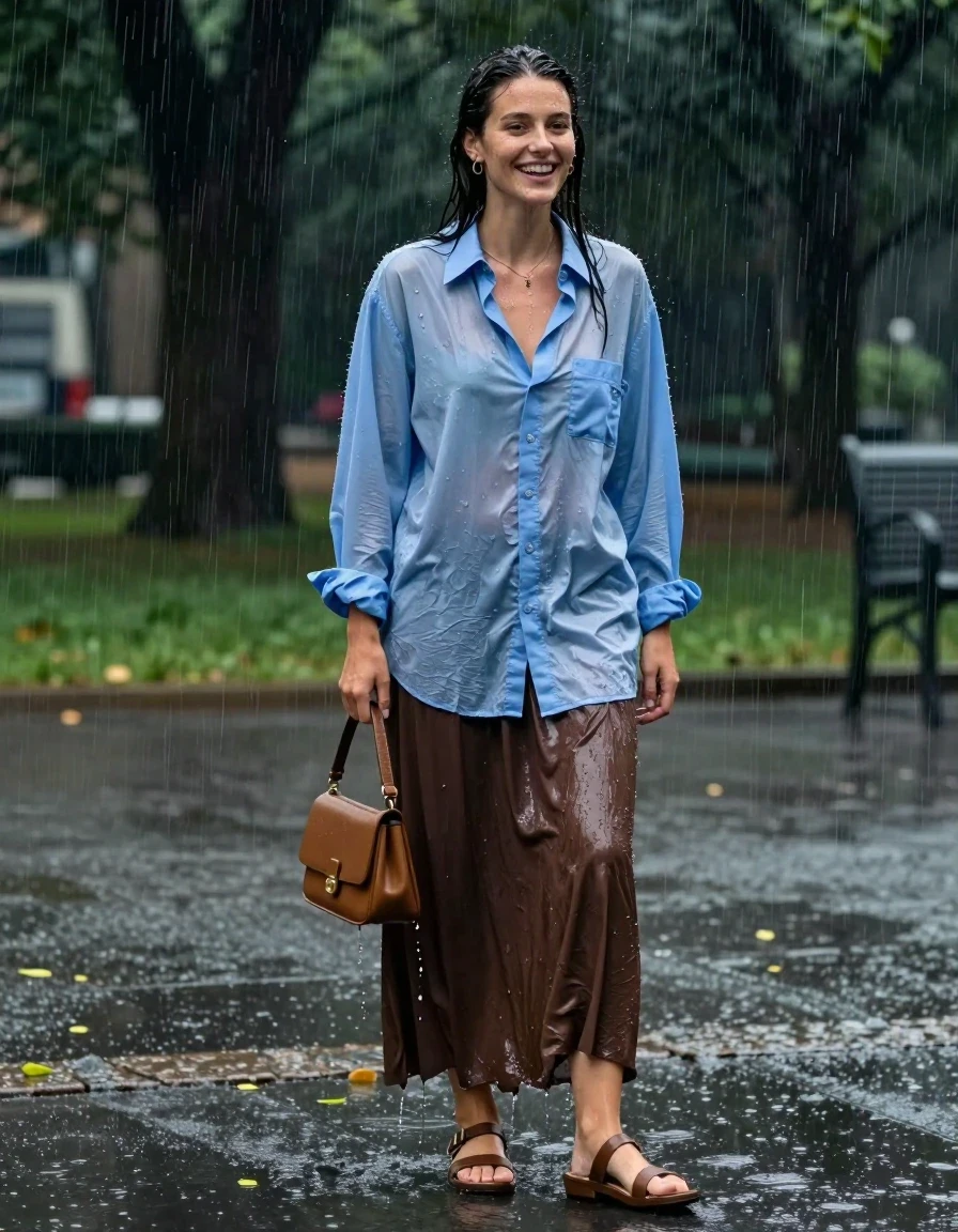photo of young woman, in soaking wet, drenched clothes,
sandals, oversized brown maxi skirt, small handbag, oversized light blue buttoned down long sleeved shirt, park at night during rainstorm, 
enjoying, wet clothes stuck to body,
detailed textures of the wet clothes, wet face, wet plastered hair,
wet, drenched, professional, high-quality details, full body view.
sharp focus, ultra-high pixel detail, realistic, high-quality, full colors, incredibly detailed, 4k, 8k, 16k, hyper-realistic, RAW photo, masterpiece, ultra-detailed, professionally color graded, professional photograph, hops around in the rain happily, wet skin, wet clothes, damp fabric, wet skin, wet clothes, damp fabric