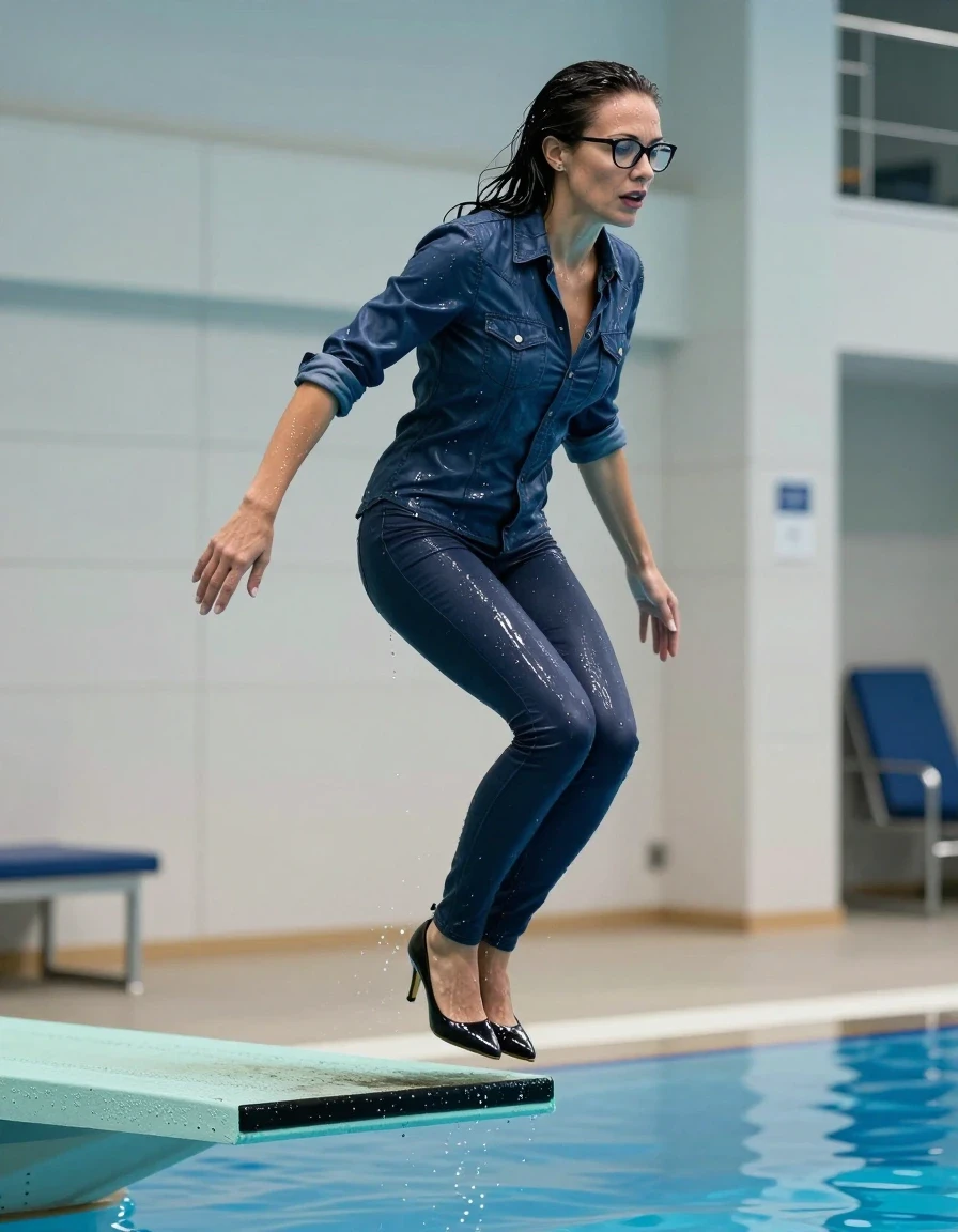 photo of young woman, in soaking wet, drenched clothes,
high-heeled shoes, long dark blue shiny jeans, shiny dark blue denim shirt, jumping from the diving board into the water of the indoor pool, 
enjoying, wet clothes stuck to body,
detailed textures of the wet clothes, wet face, wet plastered hair,
wet, drenched, professional, high-quality details, full body view.
sharp focus, ultra-high pixel detail, realistic, high-quality, full colors, incredibly detailed, 4k, 8k, 16k, hyper-realistic, RAW photo, masterpiece, ultra-detailed, professionally color graded, professional photograph, europen brunette skinny woman 50 years old, long dark black hair, office glasses, very big and thick lips, complete body, wet skin, wet clothes, damp fabric, wet skin, wet clothes, damp fabric, wet skin, wet clothes, damp fabric, wet skin, wet clothes, damp fabric, wet skin, wet clothes, damp fabric, wet skin, wet clothes, damp fabric, wet skin, wet clothes, damp fabric